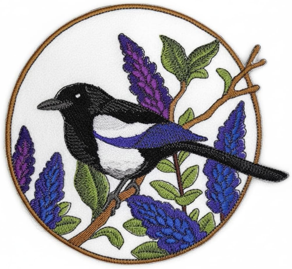 Nature Weaved in Threads, Amazing Birds Kingdom [Black Billed Magpie and Lupine Circle] [Custom and Unique] Embroidered Iron on/Sew Patch [6.3" *5.9"] [Made in USA]