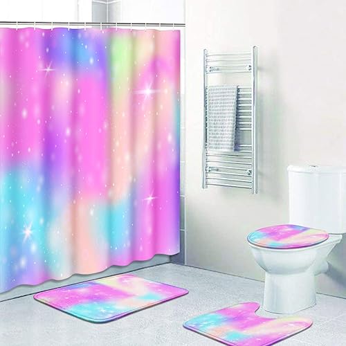 Miniatura 7 de Juegos de baño de unicornio arcoíris con cortina de ducha y alfombras y accesorios, juego de cortinas de ducha de acuarela de princesa del universo,