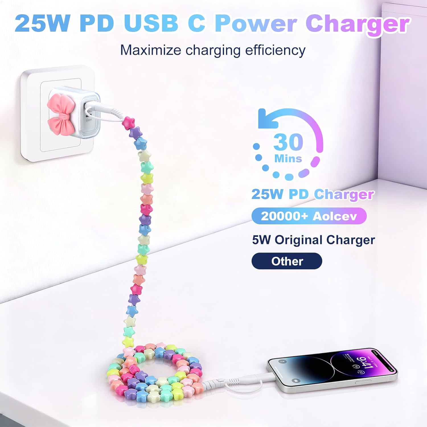 Aolcev 4 in 1 USB C Cable Beaded Multi for iPhone 17 Charger Cord 2 in 1 USB A USB C Charger Block 25W Cute Type C Fast Charging Blocks with Case for iPhone 16 15 Pro Max Girl 3.3FT Rainbow Colors - Image 4