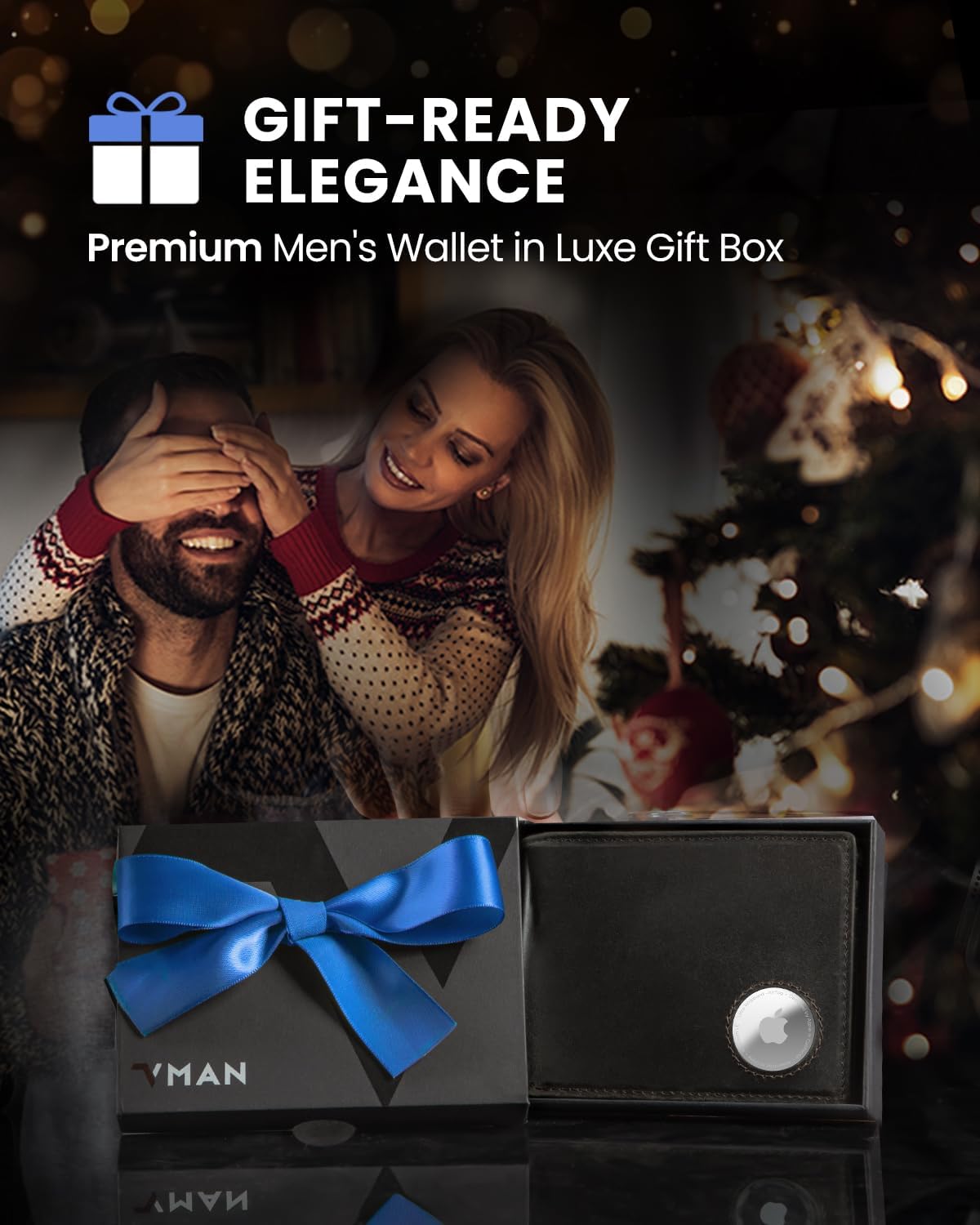 VMAN Mens Wallet with Airtag Holder | Full Grain Leather | Bifold | Wallet for Apple Air Tag | RFID Blocking | Black | 2 ID Windows | 10 Card Slots | 2 Cash Pocket | Large Capacity | Gift for Men - Image 8