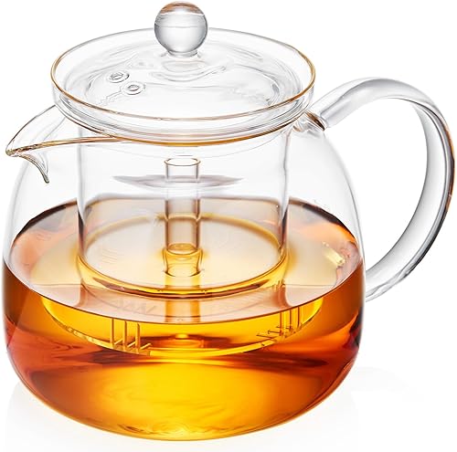 Miniatura 7 de Tetera de vidrio con infusor y tapa de 46 fl oz/45.6 fl oz, hervidor de té de vidrio de borosilicato resistente al calor para tetera de hojas