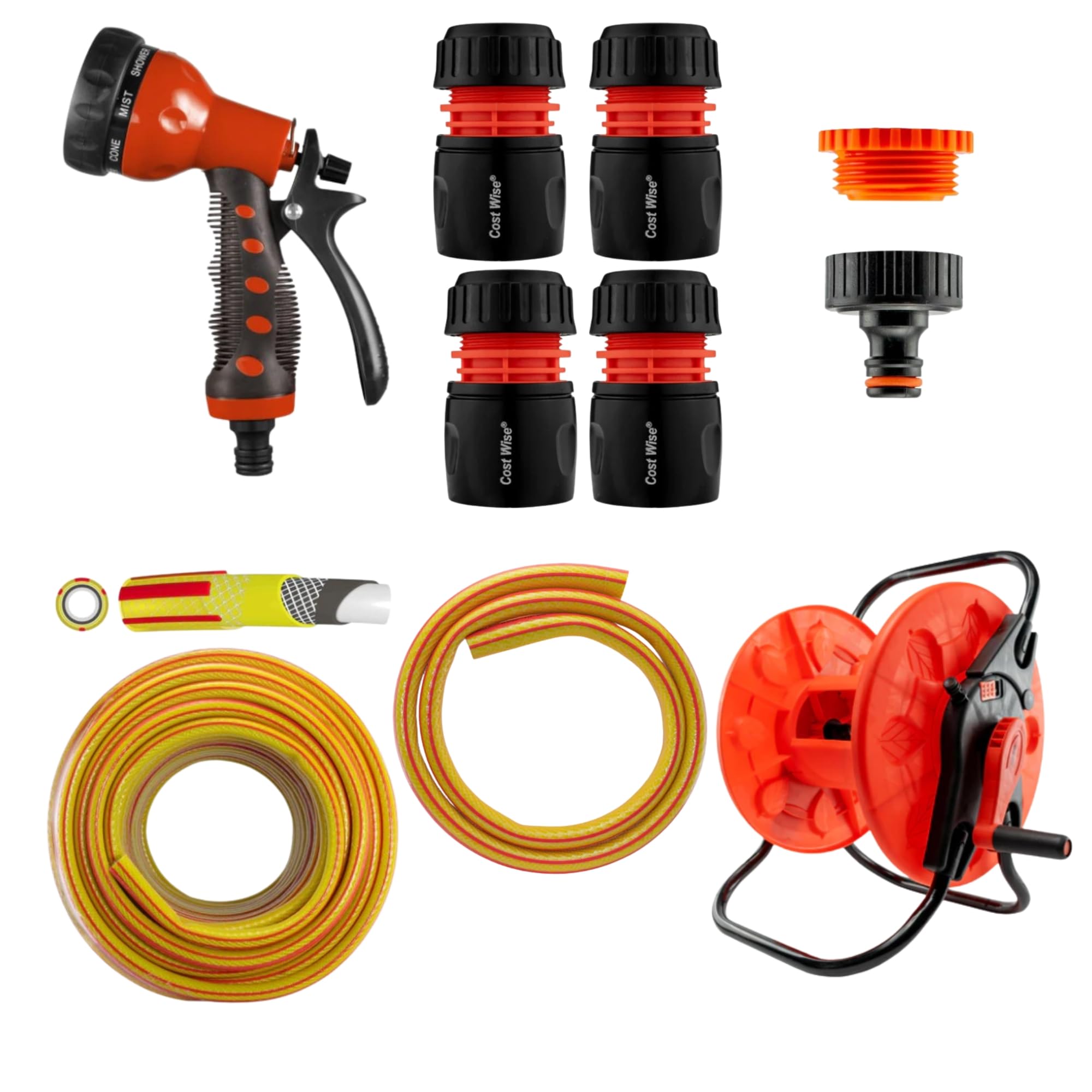 KIT 7 Garden Hose Reel Cart Set with 30m Premium Hose, 8-Pattern Spray Gun, Tap and Hose Connectors