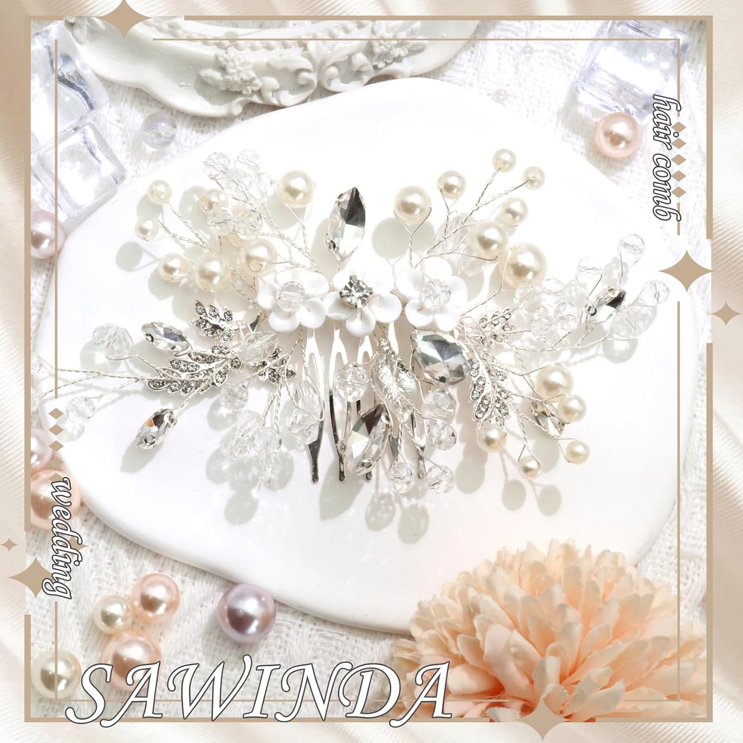 Wedding Hair Comb White Flower Silver Leaf Hair Vine Piece Pearl Crystal Bridal Headwear Rhinestone Hair Accessories for Women and Girls - Image 2