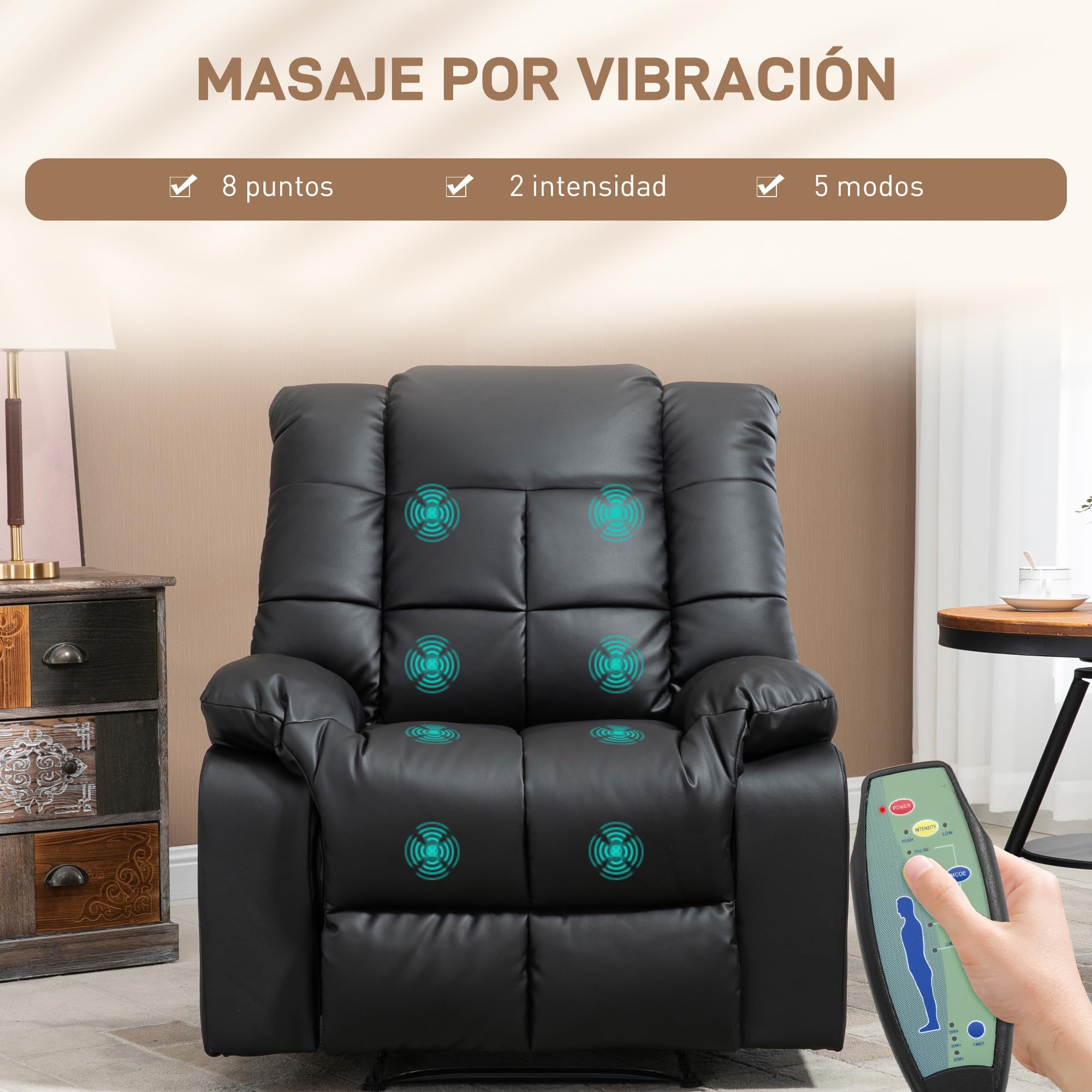 HOMCOM Sillón de Masaje, Sillón Relax Reclinable con 8 Puntos de Masaje, Mando a Distancia, Tapizado en PU, Reposapiés, Bolsillo Lateral, Butaca para Salón, Dormitorio, Negro