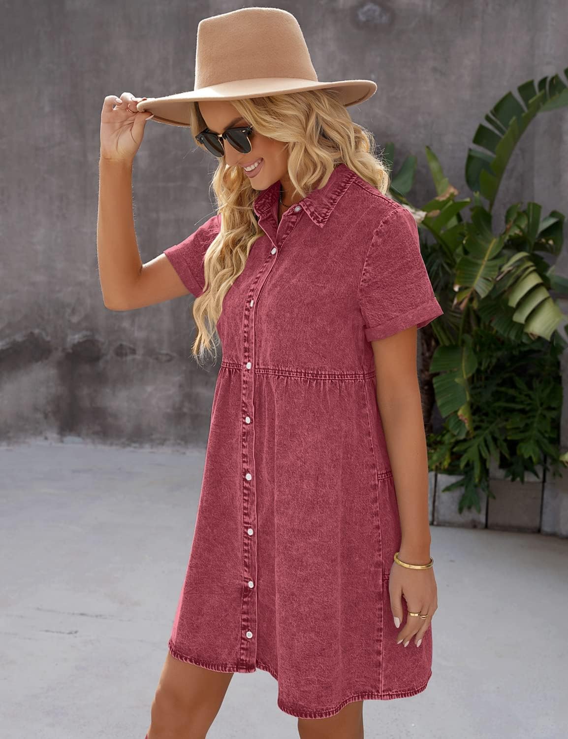 GRAPENT Denim Dress for Women Babydoll Tiered Short Sleeve Button Down Jean Shirt Dresses - Image 3