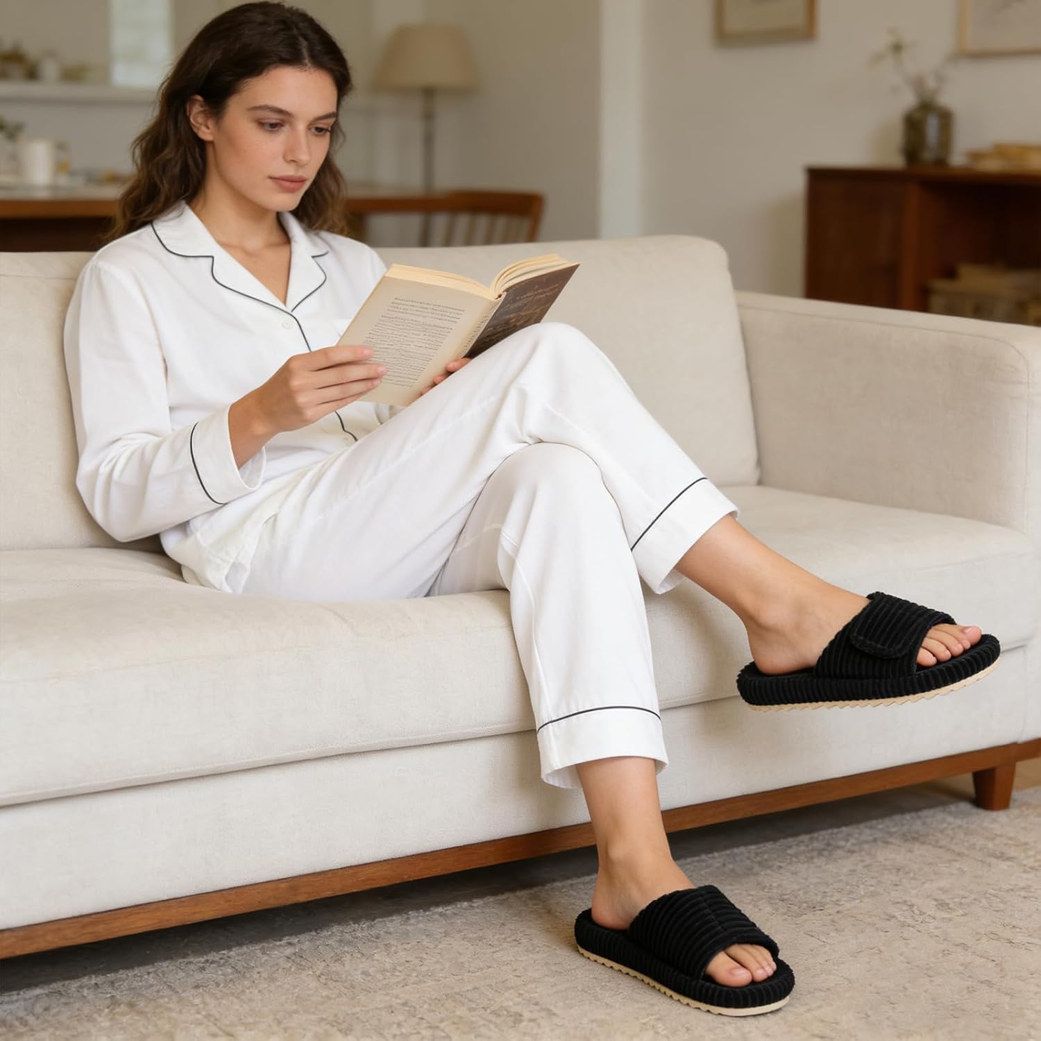 Women's Slippers With Memory Foam Corduroy Adjustable Slippers Comfortable Cord Open Toe Slippers Indoor 39/40 EU Black