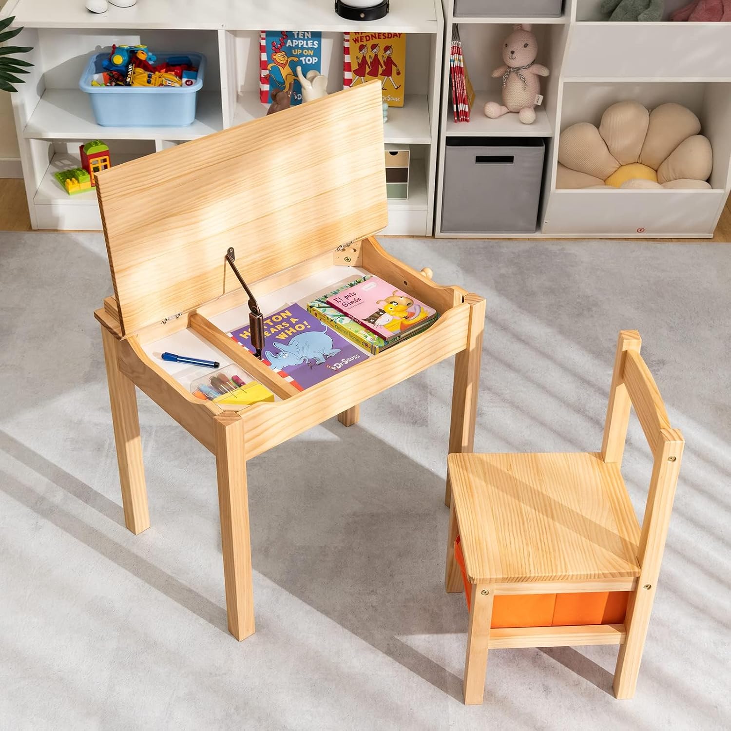Children's Desk with Solid Wood Chair, Hinged Children's Seating Set with Folding Table Top, Drawer & Hook, Activity Table, Children's Seating Set for Children from 3 Years (Natural)