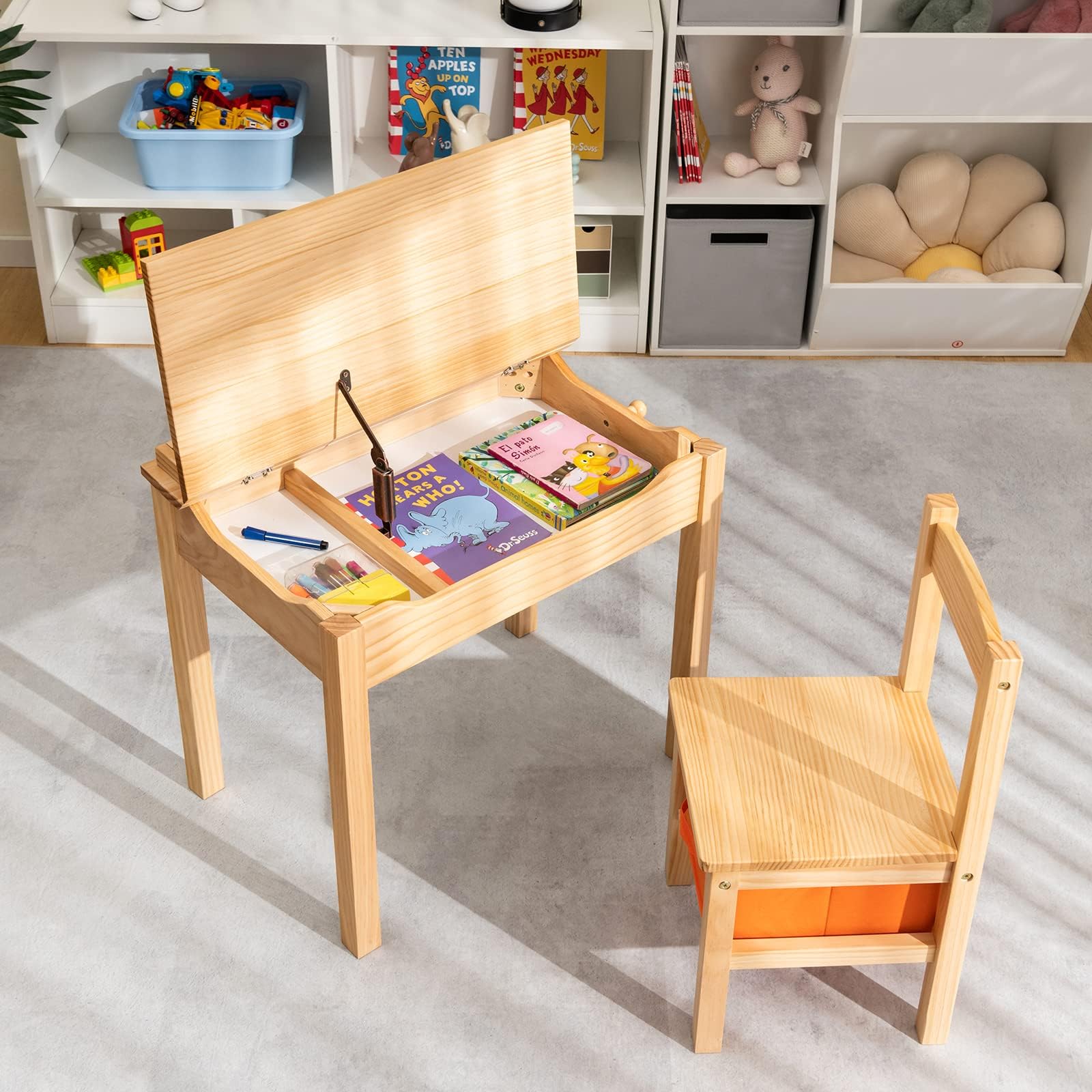 FANTASK Schreibtisch Kinder mit Stuhl aus Massivholz, Aufklappbare Kindersitzgruppe mit klappbarer Tischplatte, Schublade & Haken, Aktivitätstisch Kindersitzgruppe für Kinder ab 3 Jahren (Natur)