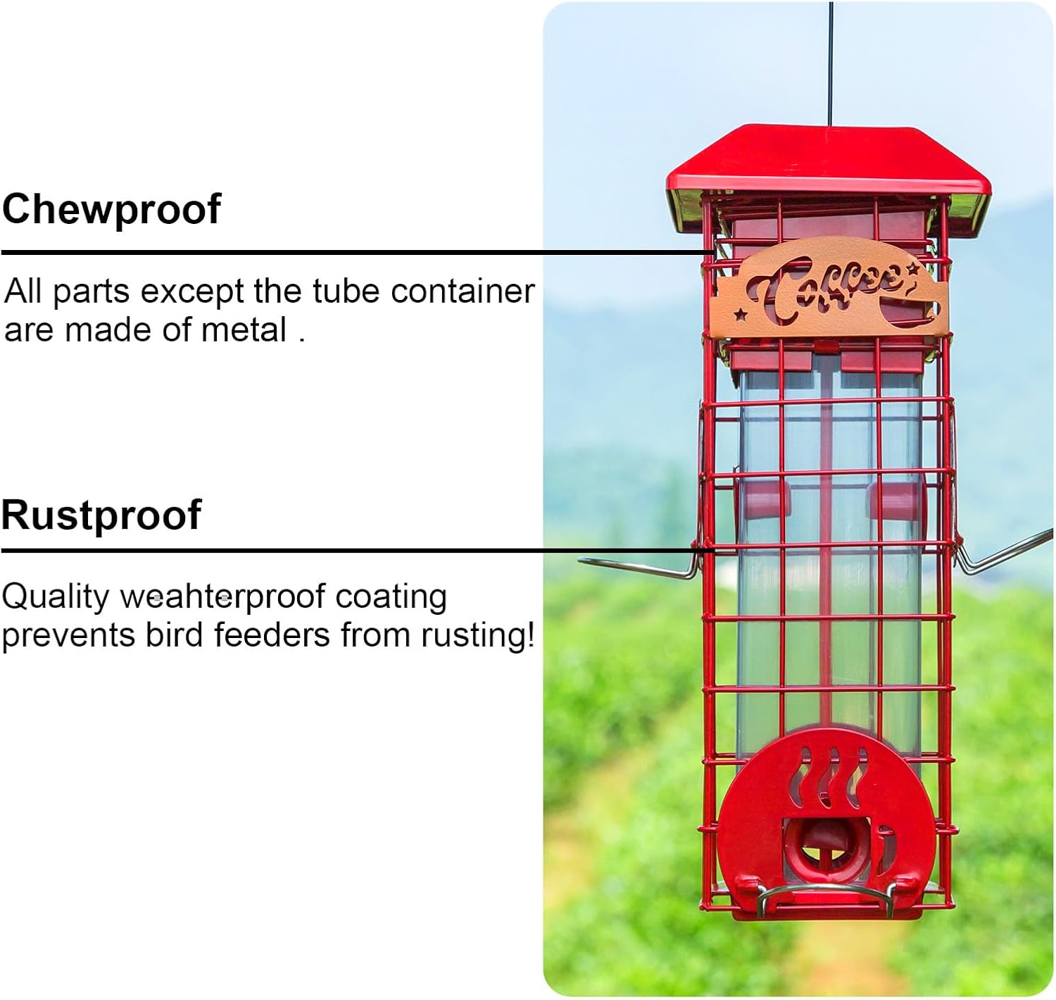 Squirrel Proof Bird Feeders for Outdoors Tube Metal Mesh Hanging Bird Seed Feeder for Outside Pole Weight -Activated & 4 Adajustable Perschs 2.2 lbs Capacity (Red)