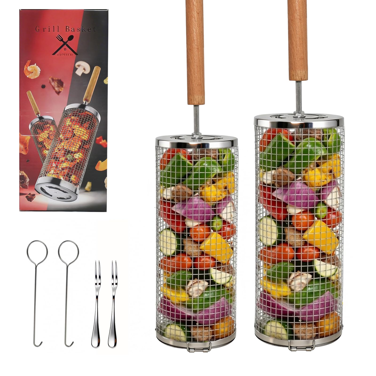 Paniers À Barbecue Set De 2,Accessoires Barbecue Pour Légumes,Crevettes, Champignons,Manche En Bois Amovible,Acier Inoxydable 304,Grillades En Extérieur,Cadeau Pour Hommes Et Papas (Argent brillant)