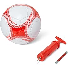 <span>Amazon Basics Durable PVC Soccer Ball with Pump for Training and Practice, Indoor Outdoor Use, White and Red</span>