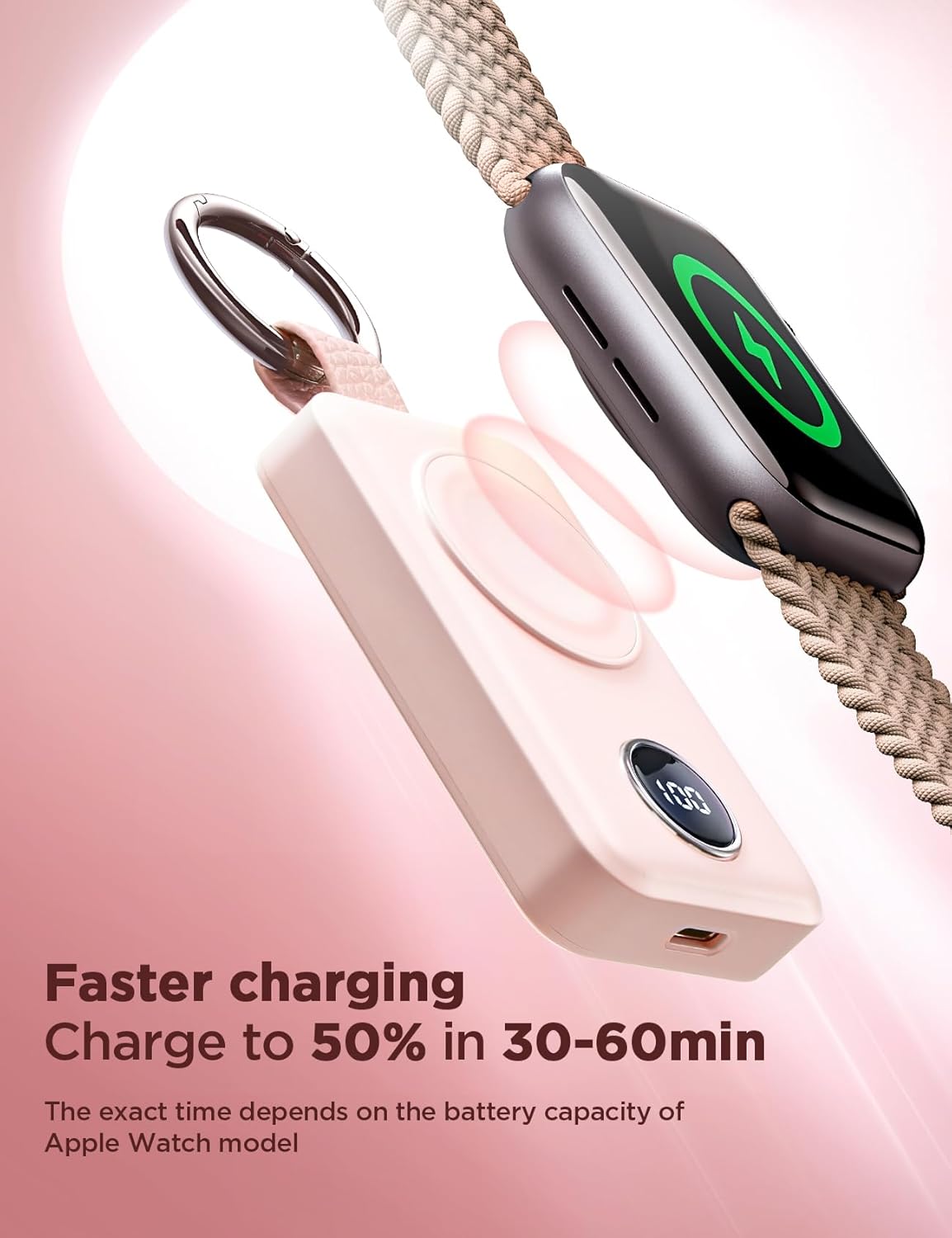 JOYROOM Portable 2000mAh Wireless Charger Compatible for Apple Watch Series 11/10/9/8/7/6/5/4/3/2/1/SE/UItra 3/UItra 2/Ultra, Compact Magnetic iWatch Charger Keychain Style Travel Essentials (Pink) - Image 3