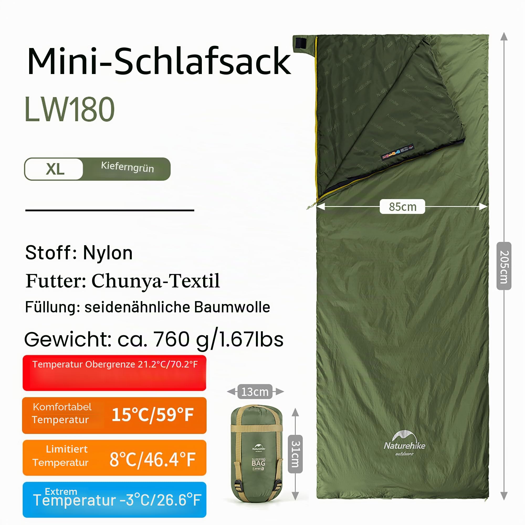 Naturehike Schlafsack Ultraleicht Mini Kleines Ultraleicht 680/760g für 3 Jahreszeiten mit 190x75/205x85cm zum Wandern Rucksackreisen Camping bei ca. 15°C Verwenden