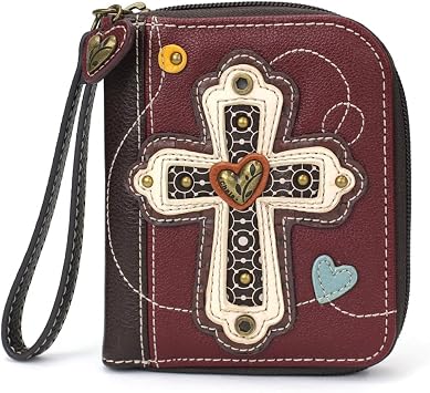 Chala Cross Vegan Leather Zip Around Wallet with Wristlet Cross - Maroon