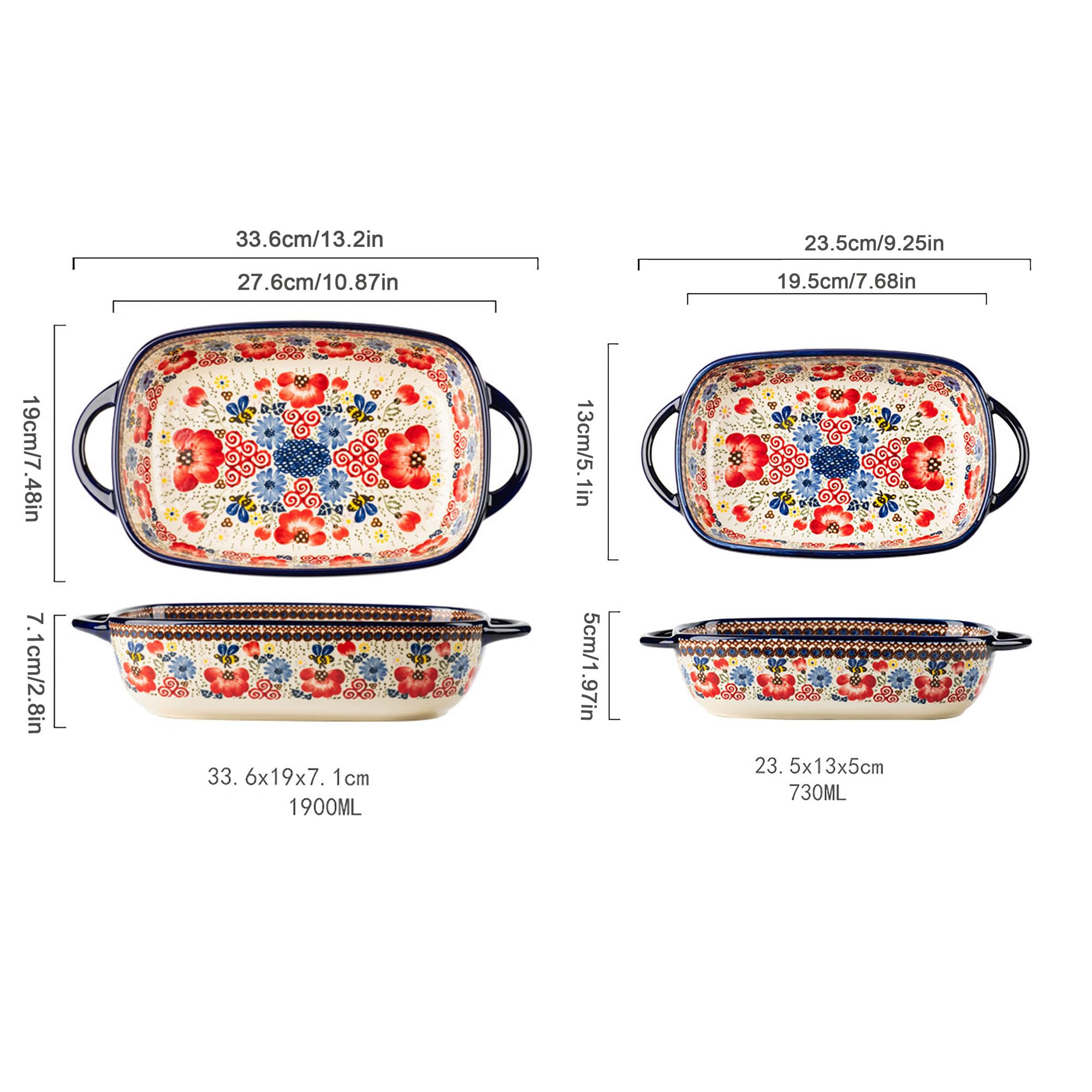 Fuente de cerámica, Bandeja Horno Cazuela De Cerámica, Tazón/Plato Hornear Porcelana Con Asas Para Lasaña, Tiramisú, Tiramisú, Pudín, para Horno, Microondas,baking tray-2pcs
