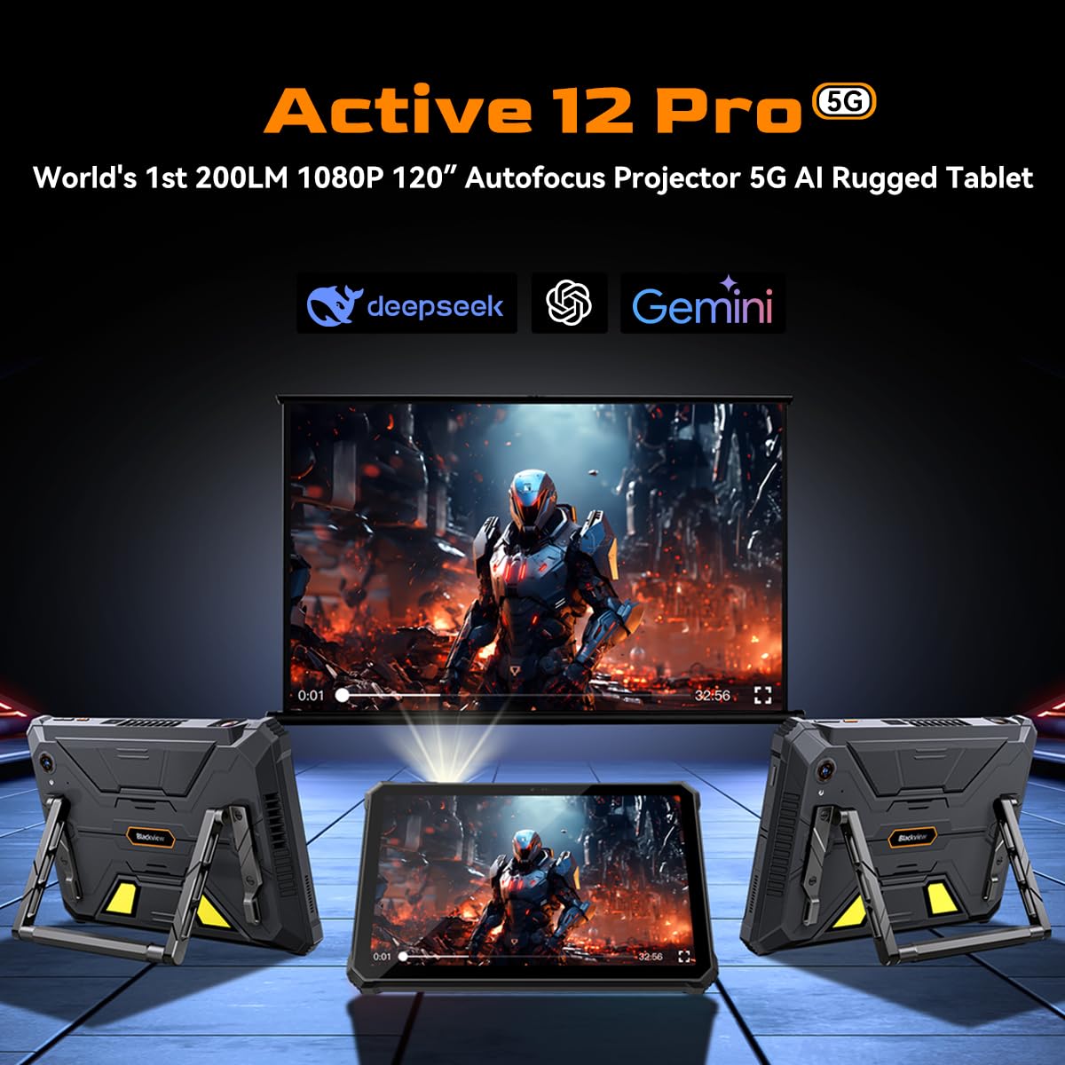 Blackview Active 12 Pro 5G Outdoor-Tablet, 1080P 120″ Projektor, 30000mAh Akku, 400lm Campinglampe, 48GB+1TB, 11″ FHD+ Display, Android 15 IP68/IP69K Tablet, Dual-SIM 5G, 108MP+50MP Kamera, NFC GPS