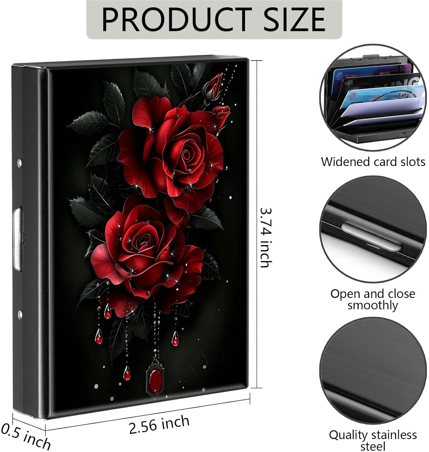 Credit Card Holder, Red Roses Design Mini RFID Blocking Aluminum Wallet Slim Metal Hard Case Shell Travel Wallet ID Case Small Credit Cards Case Business Cards for Women Men Girls