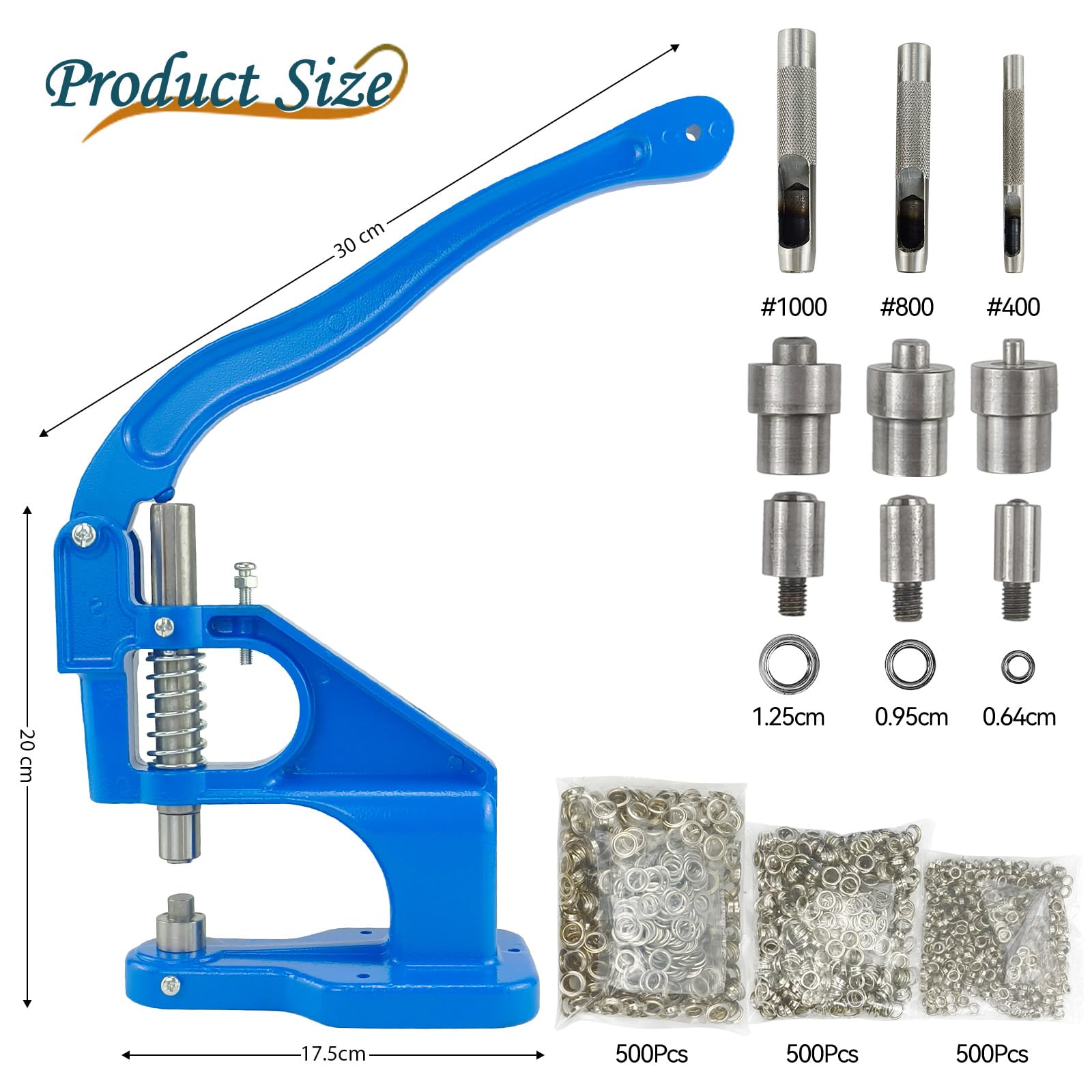 Kit di 3000 occhielli a pressione manuale (6 mm, 10 mm, 12 mm) con 3 fustelle (#0, #2, #4) - Strumento per punzonatura per occhielli, per tessuto, pelle e artigianato - Include copertura per manico e