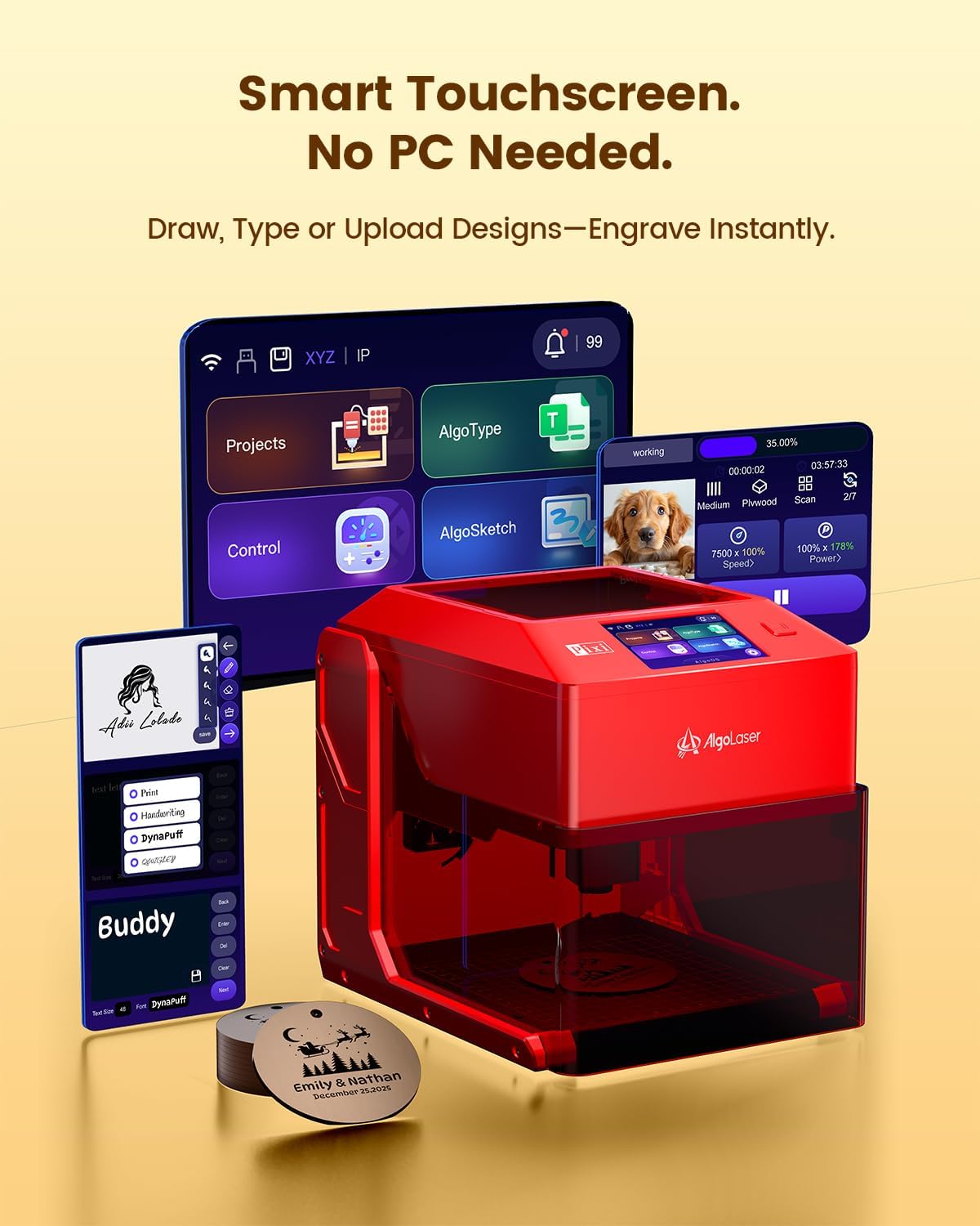 AlgoLaser 5W Smart Laser Engraver - Portable Desktop Laser Engraver Machine with 3.5" Touchscreen & AlgoOS, Beginner-Friendly for DIY Gifts & Small Business, Laser Engraving for Wood, Leather, Glass