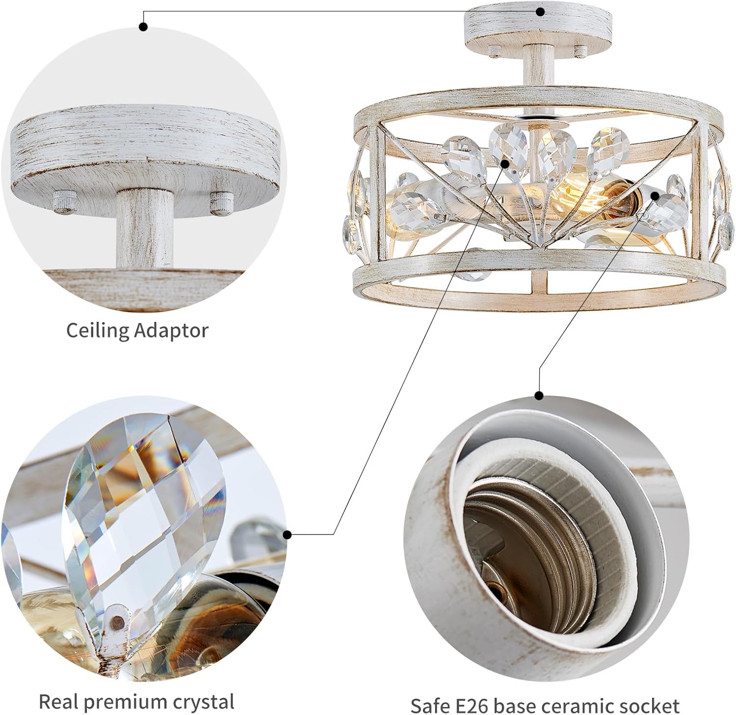 WUZUPS Crystal Leaf Chandelier 3-Light Vintage Farmhouse Industrial Semi-Flush Mount Ceiling Light Lighting Fixture for Foyer Hallway Storage Room Kitchen Bathroom, H 8.5" W 12", Antique White