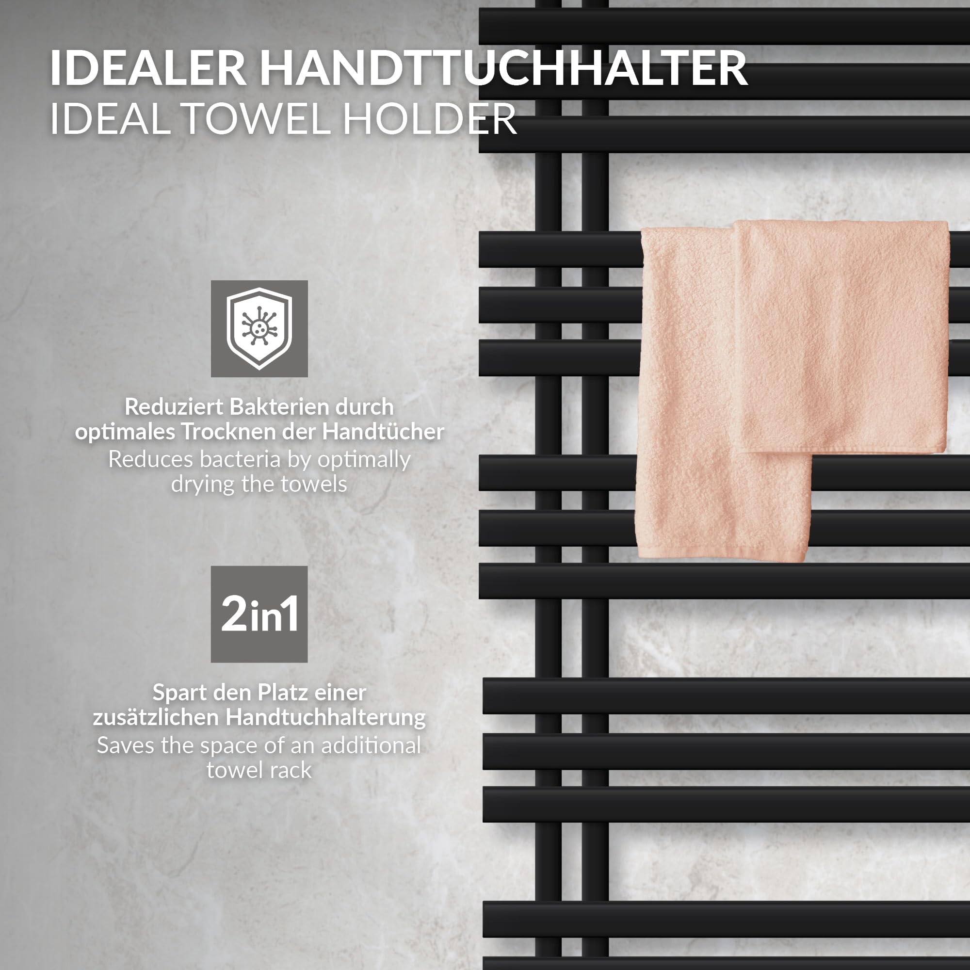LuxeBath Radiador Eléctrico Iron EM 600 x 1400 mm Negro Mate, Estufa Toallera Vertical con Elemento Calefactor 1200W Termostato de Pantalla Digital, Calentador de Pared de Diseño Moderno para Baño