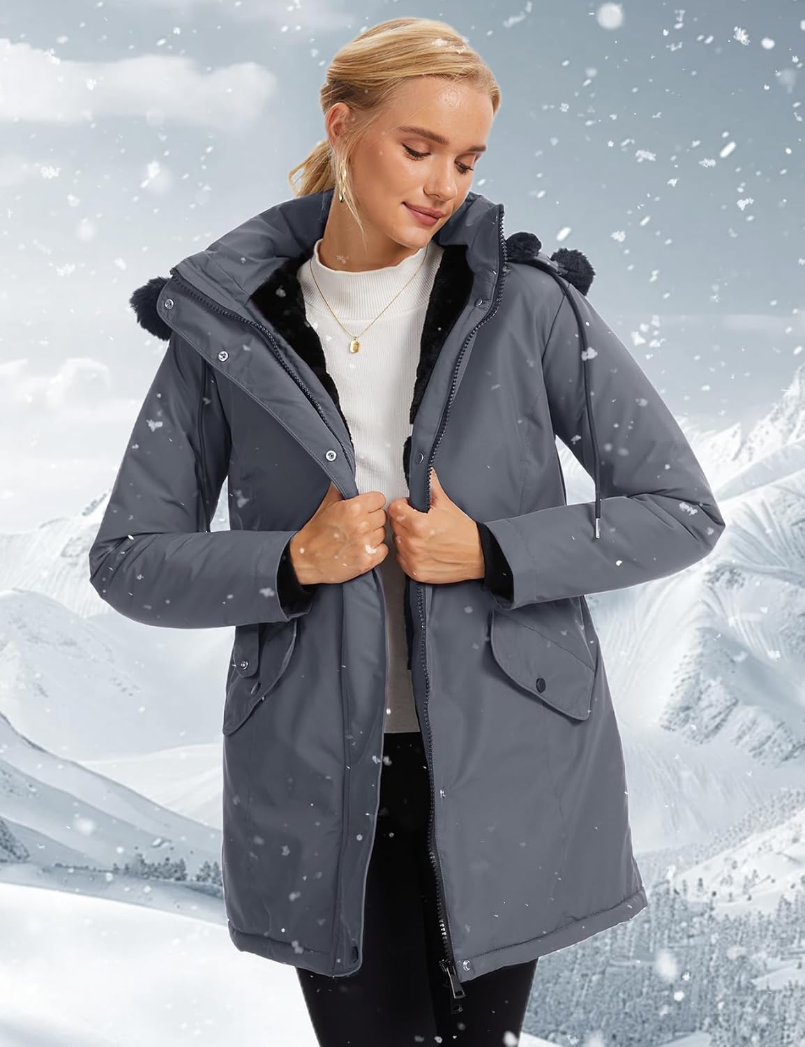 Wyeysyt Womens Winter Puffer Coat Waterproof Thicken Fleece Lined Long Parka Jacket With Faux Fur Detachable Hood - Image 2