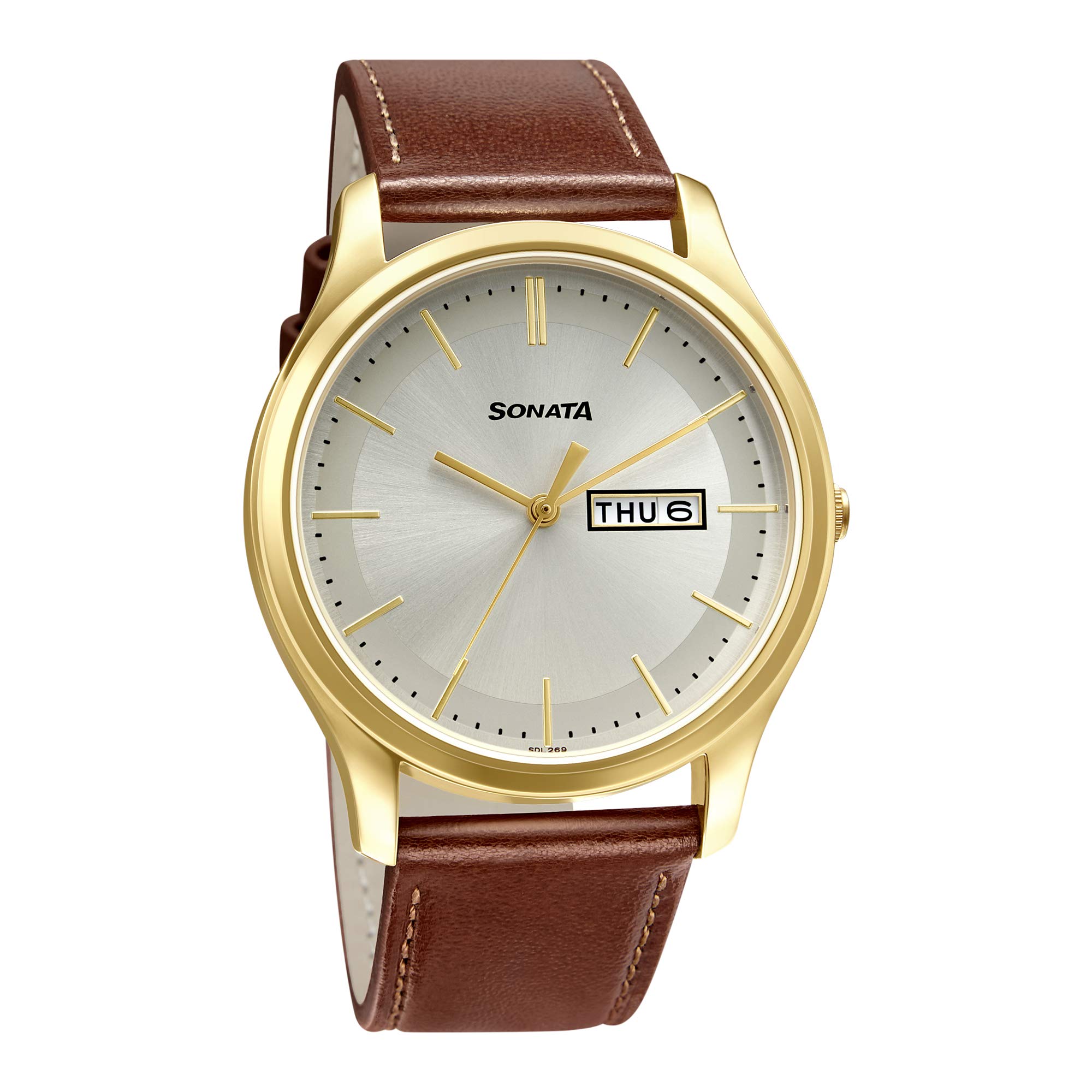 Sonata Quartz Analog with Day and Date Champagne Dial Leather Strap Watch for Men-NS77082YL06W (B08R3WNW3B) Amazon Price History, Amazon Price Tracker