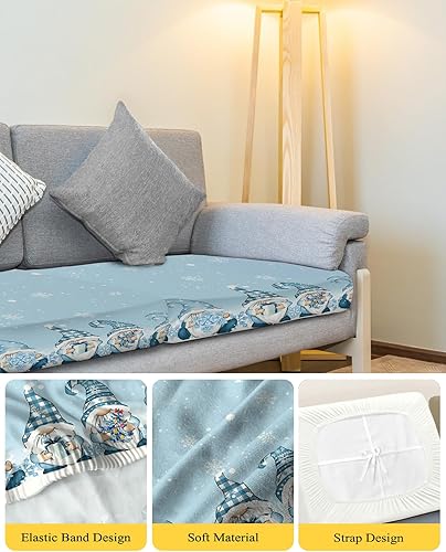 Miniatura 4 de Wowouhiya Fundas de cojín de Navidad con diseño de gnomos azules, funda elástica para sofá con parte inferior elástica, diseño de copo de nieve azul