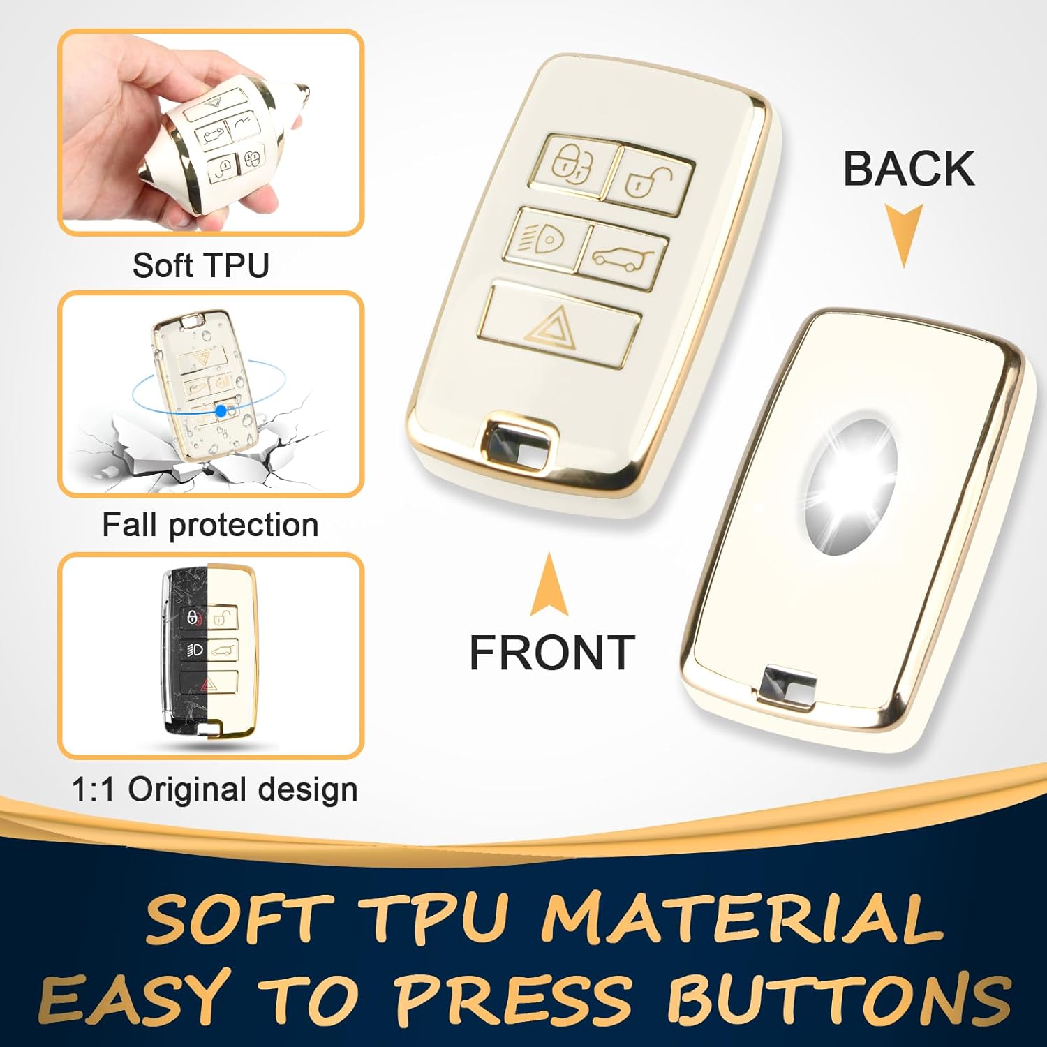 QBUC for Land Rover Key Fob Cover with KeyChain Soft TPU Gold Trim Key Case Full Protection Compatible with 2018-2026 Land Rover Range Rover Evoque Sport Vogue Discovery 5 Jaguar E I-PACE (white) - Image 3