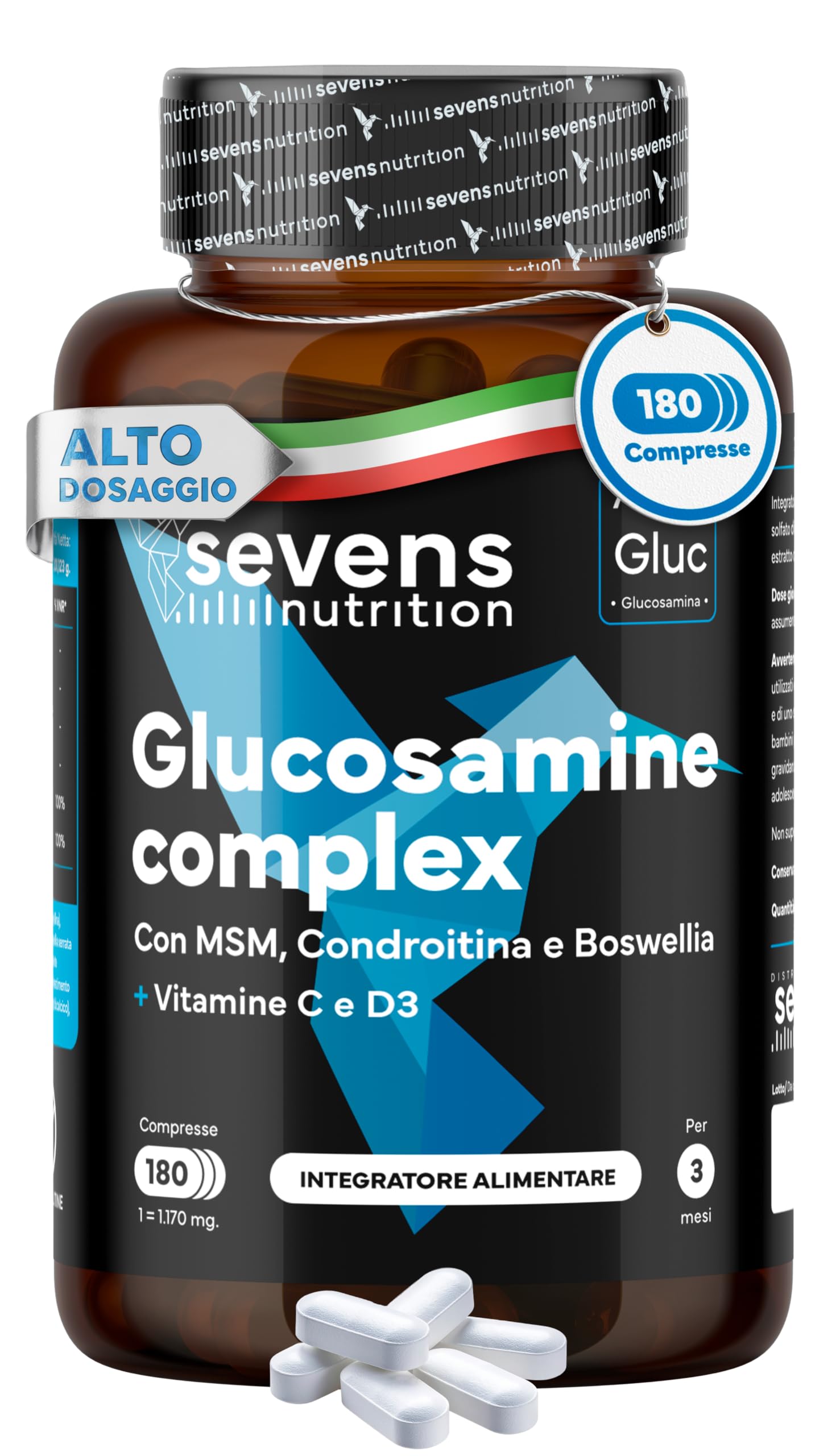 Glucosamina, Condroitina e MSM – Integratore per Articolazioni, Cartilagine e Ossa – Formula con Boswellia, Vitamine C e D3 – 180 Capsule ad Alta Densità – Sevens Nutrition