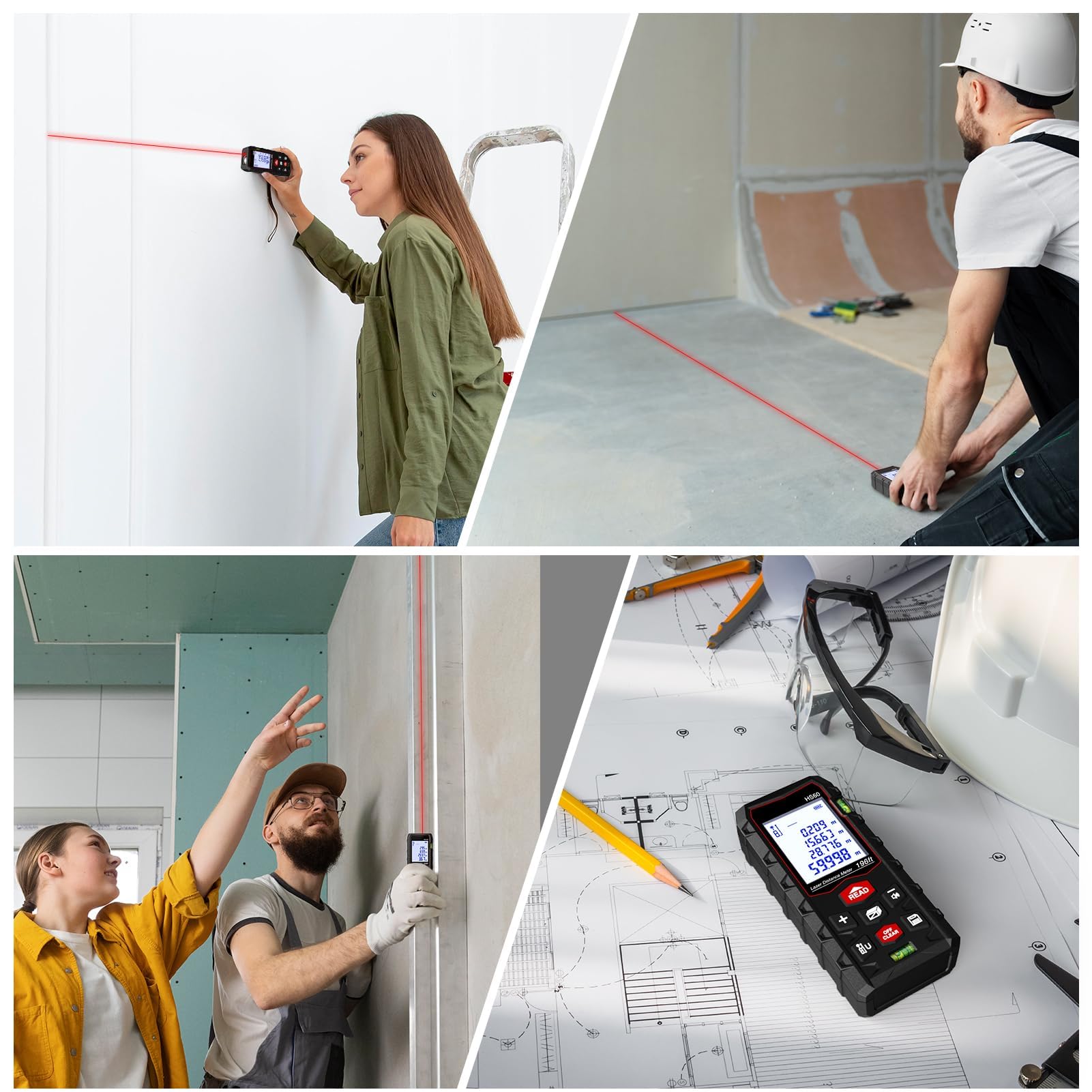 Télémètre Laser Numérique Professionnel, Mètre Laser, Portée 60m/100m, Double Niveau d’Alignement, Étanche IP54, Surface, Volume, Grand Écran LCD Rétro-éclairé, Intérieur Extérieur