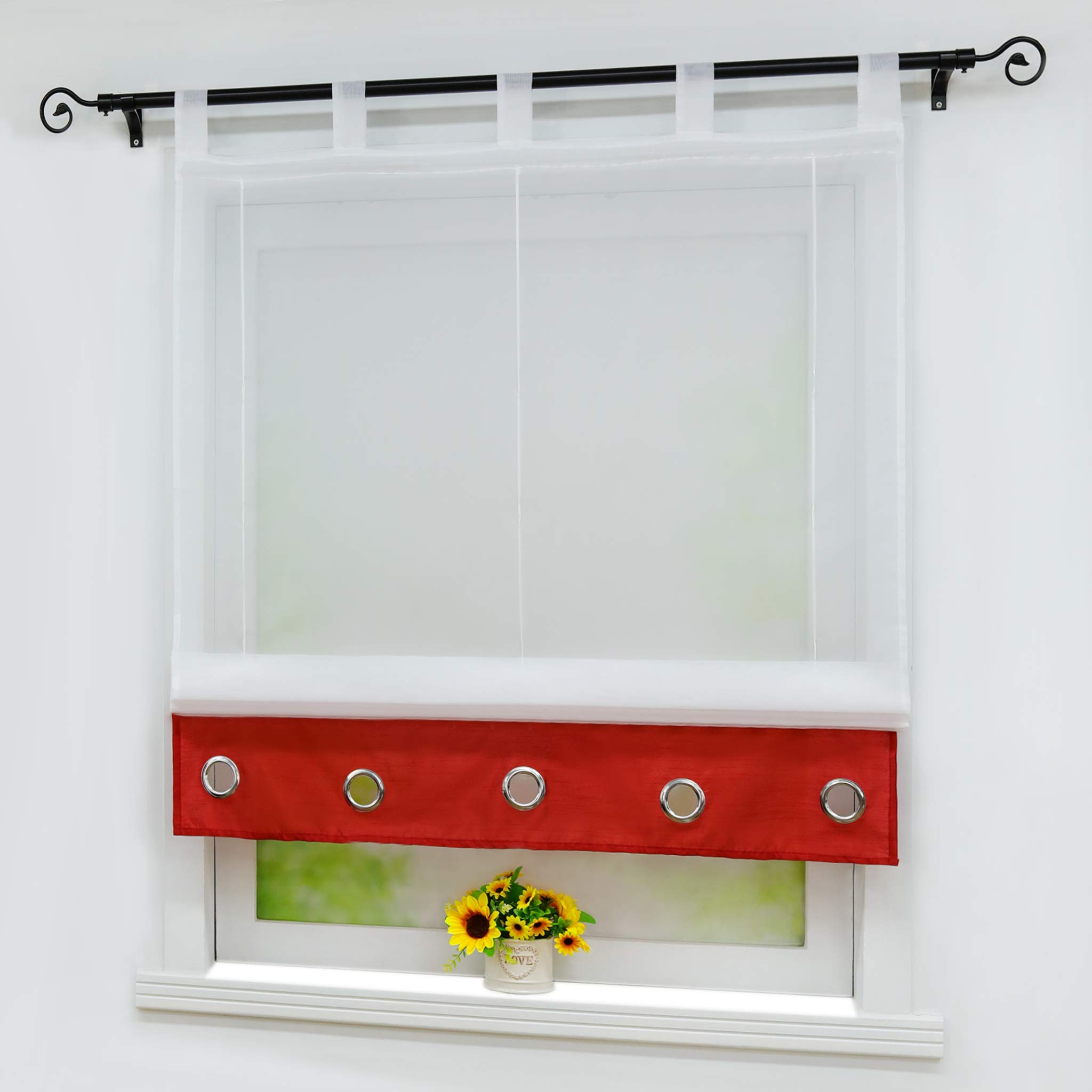 Yujiao Mao Voile Roman Blind Modern Simplicity Style Decorative Eyelets Roman Blind with Loops Pack of 1, Polyester, white-red, BxH 80x155cm