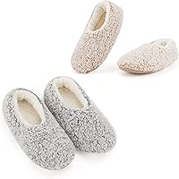 Cozylook Women's 2-Pair Sherpa Lined Slipper Socks with Grippers - Thick Cozy Cable Knit Non-Slip Home Bedroom Slippers