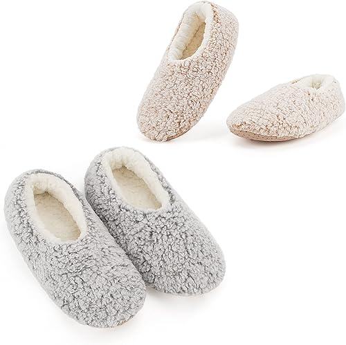 Cozylook 2 pares de calcetines tipo pantufla para mujer con suela suave y agarre, set de calcetines cálidos y gruesos con forro sherpa para el