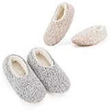 2-Pair Women's Soft Sole Slipper Socks with Grippers, Thick Warm Cozy Sherpa Lined Home Socks Set, Cable Knitted Non-slip Fluffy Winter House Bedroom Slippers