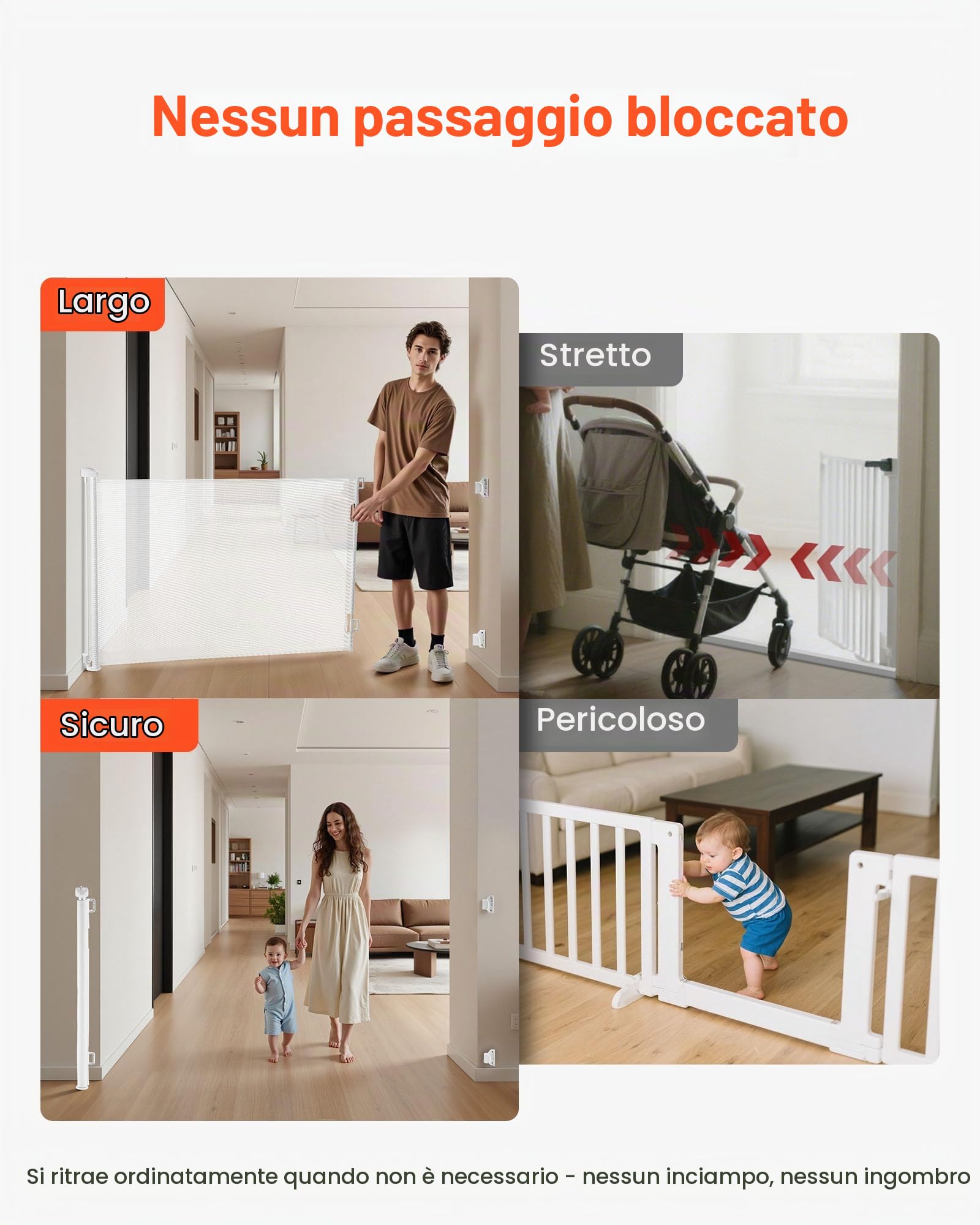 VEVOR Cancelletto Retrattile, Estensibile Fino a 1430 mm di Larghezza, 795 mm di Altezza, con Blocco di Sicurezza, Attraversabile Senza Inciampare, Cancelletto in Rete per Cani Scale, Bianco