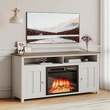 LEMBERI 58 Inches Fireplace TV Stand for TVs with 23 Electric Fireplace & Remote, Wooden Modern Entertainment Center up to 65 Inches Console for Living Room with Glass Shelves White