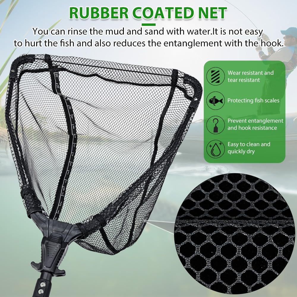 Épuisette Pêche Pliable, Caoutchouc Filet Téléscopique Landing Net Antirouille Alliage D'aluminium Nylon Filet de Pêche 95 cm avec Poignée, pour Etangs Truite Carpe Salmon Attraper et à Libérer