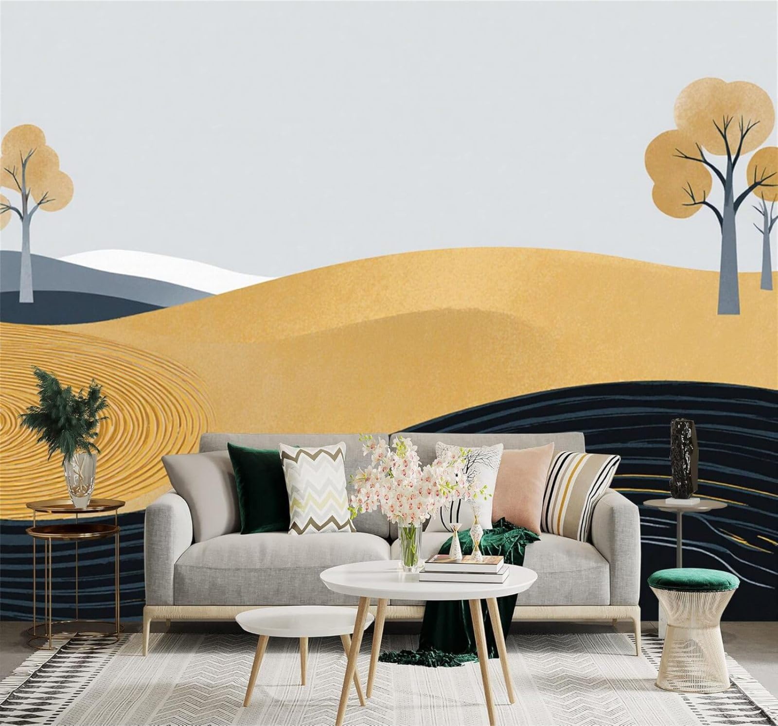 XLMING Minimalist Landscape Golden Hills Trees Abstract Lines 3D Wallpaper Silky Texture Home Study Office Grey Dining Room Sofa Bedroom Living Room TV Backdrop-350cm×256cm
