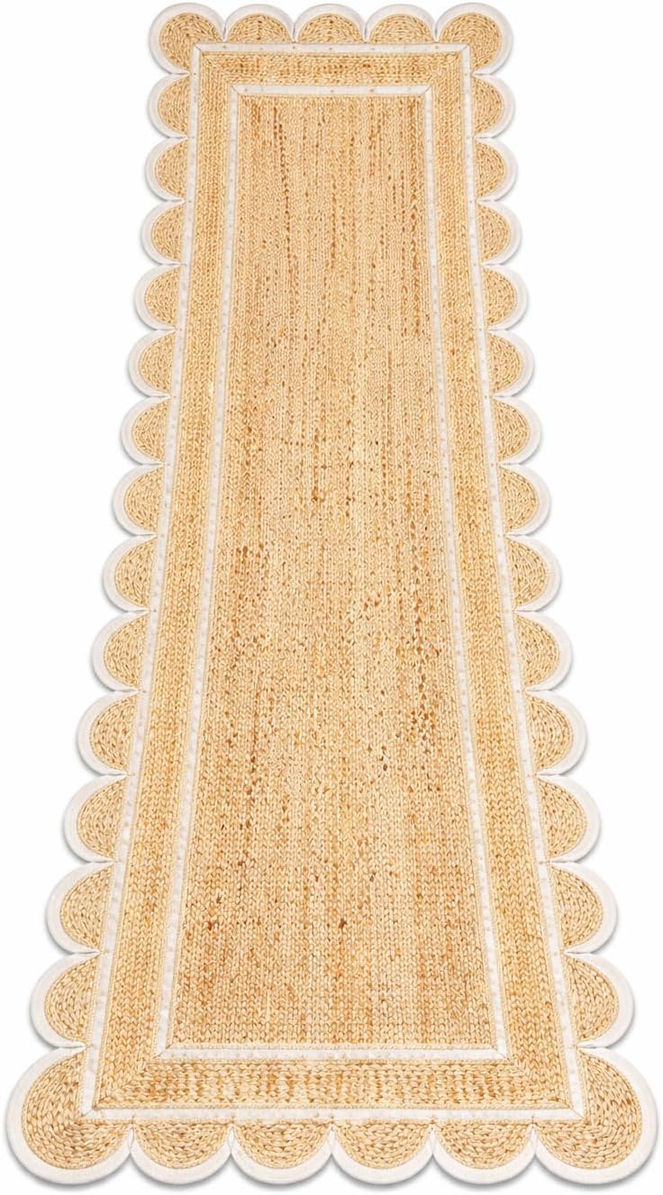 Natural Jute Runner Rug 24 x 8 Ft – Handwoven Farmhouse Hallway Runner with Scalloped White Cotton Border, Eco-Friendly Jute Area Rug for Entryway, Kitchen & Living Room