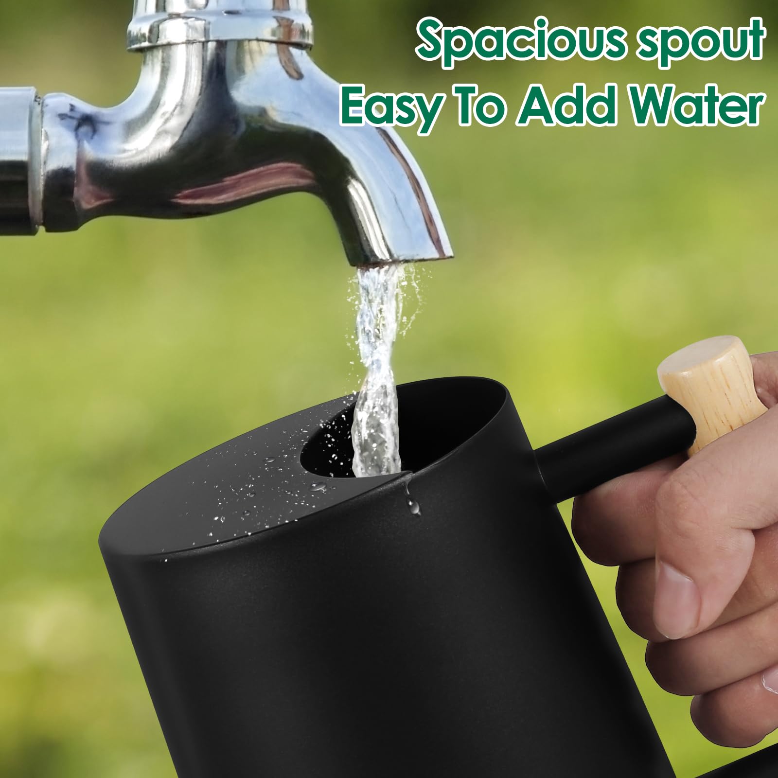 Regadera De Interior De Acero Inoxidable Negro 1 Litro - Caño Largo Y Mango De Madera