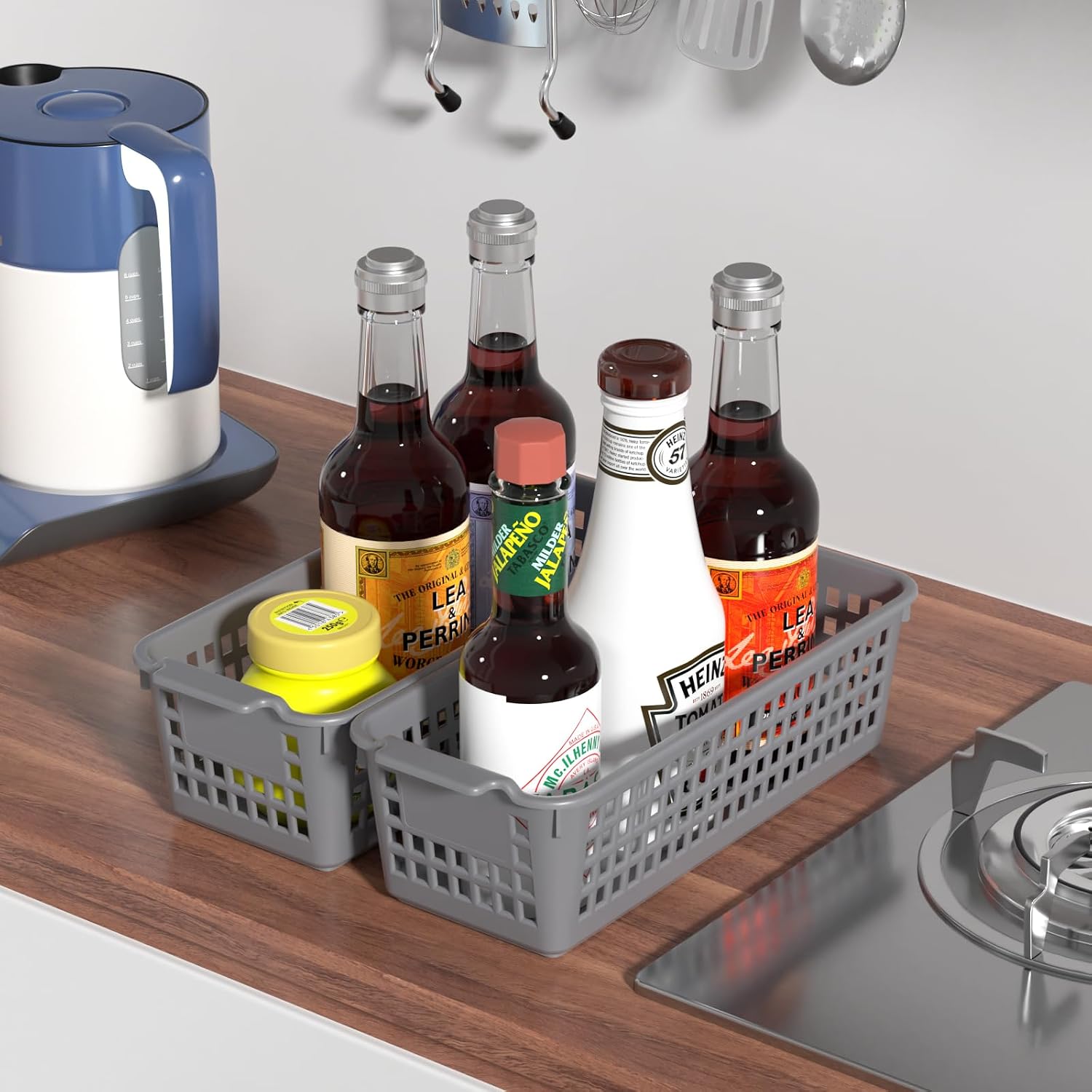 Ramddy Slim Plastic Storage Baskets, Gray Small Shelf Baskets, 4 Pack