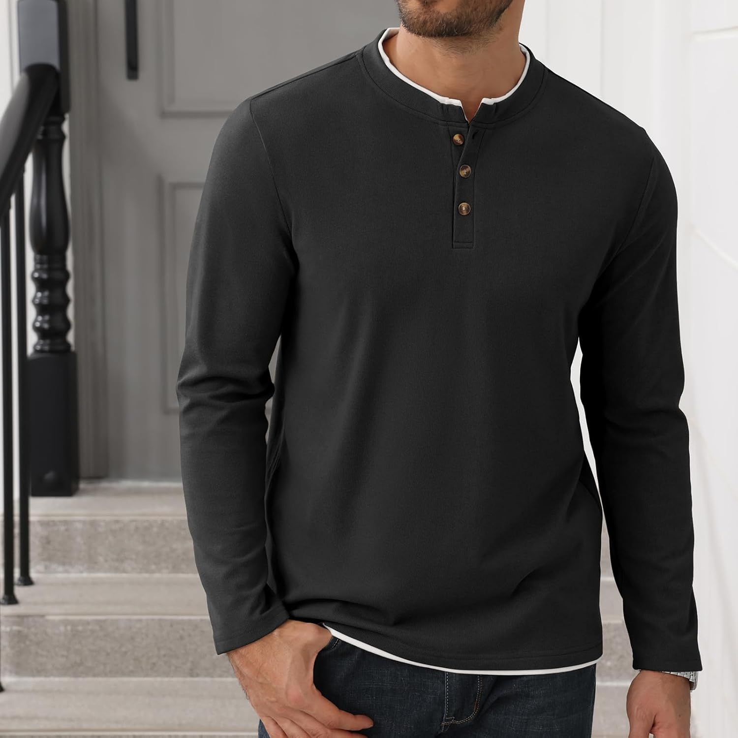 Uni Clau Men's Henley Shirts Classic Button T-Shirt Long Sleeve Casual Thermal Pullover Shirt - Image 6