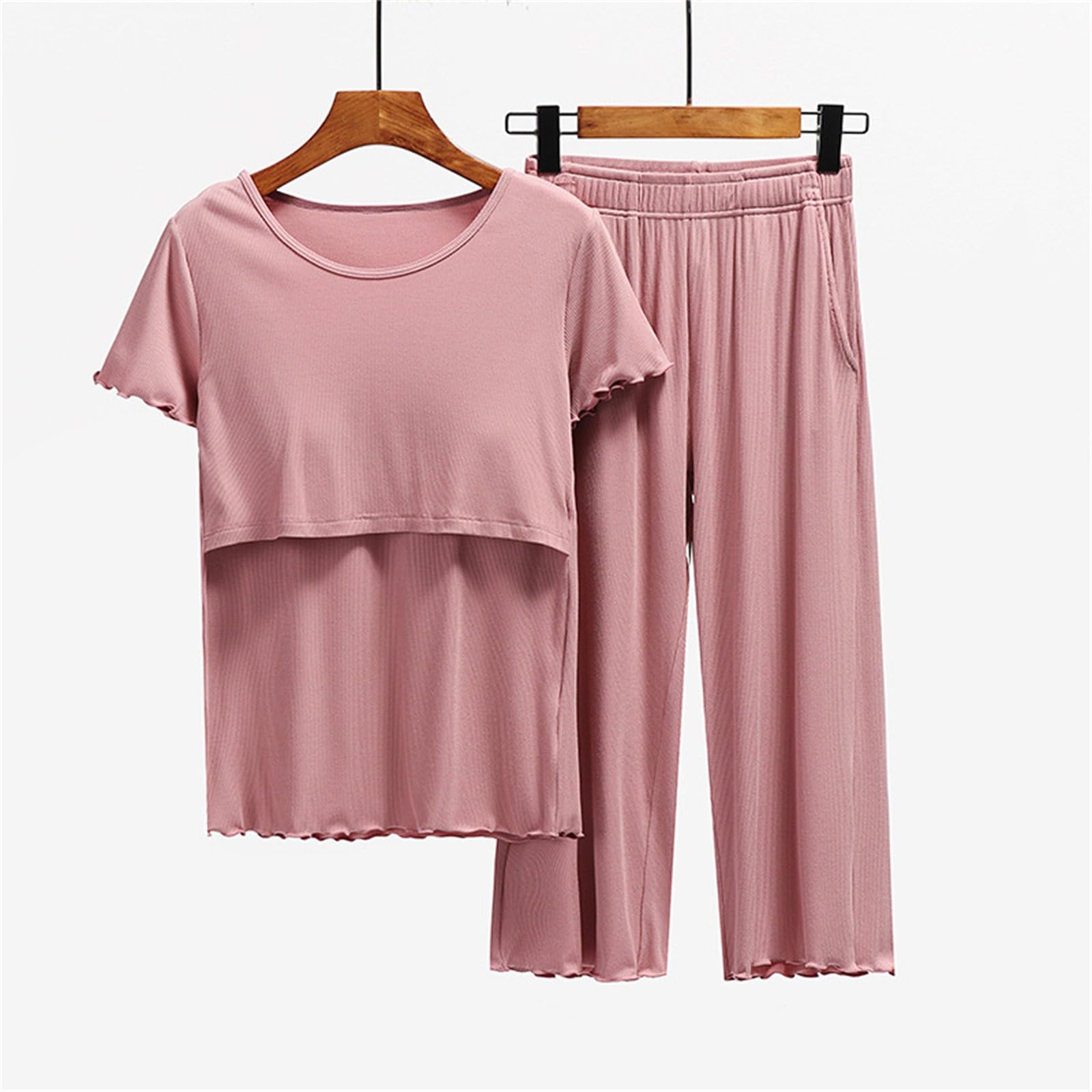Generisch Pyjama Femme Court Amusant Allaitement Femmes Chemise et Ensemble T Bébé Maternité Tops Short Pantalon Maternité Sommeil Manteau Longueur Genou Femme