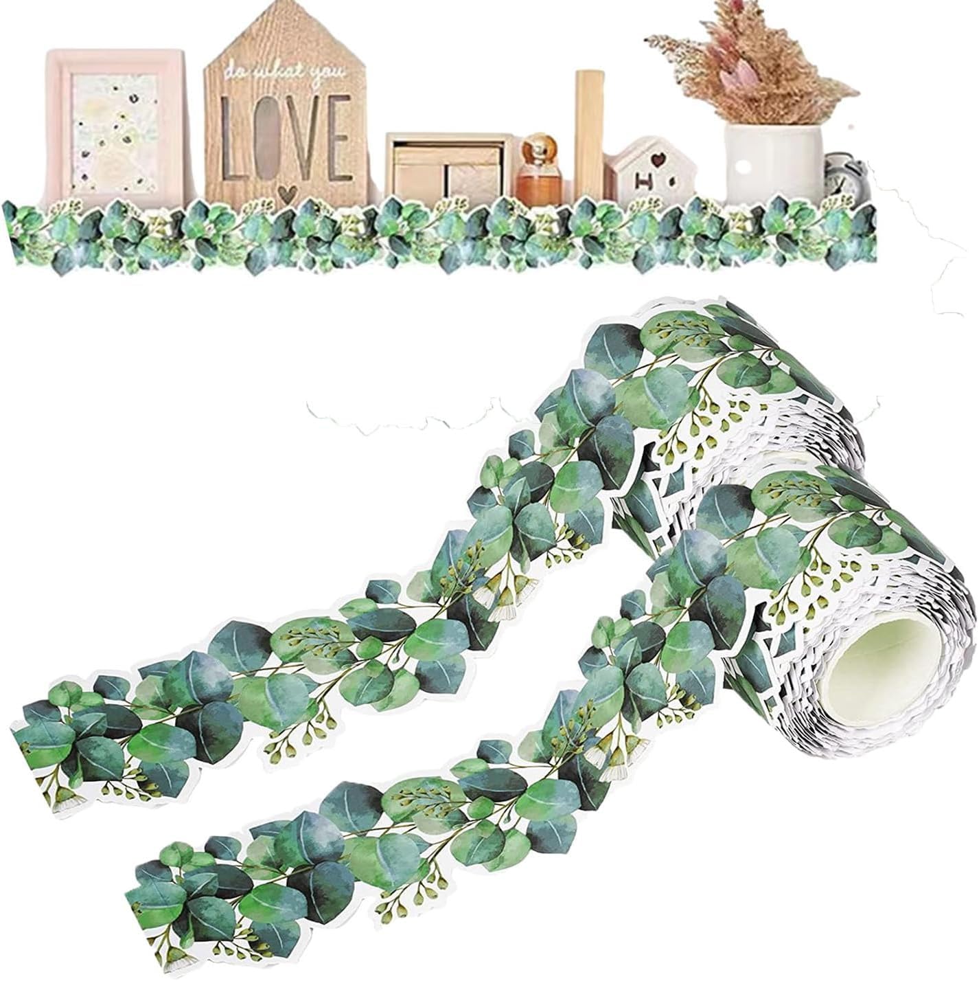 Eucalyptus Border Bulletin Board,15m/49ft Backing Paper For Wall Displays School,Jungle Theme Classroom Decor,Green Leaves Classroom Borders Tropical Wall Decor Sign For Home School Classroom(2 Rolls)