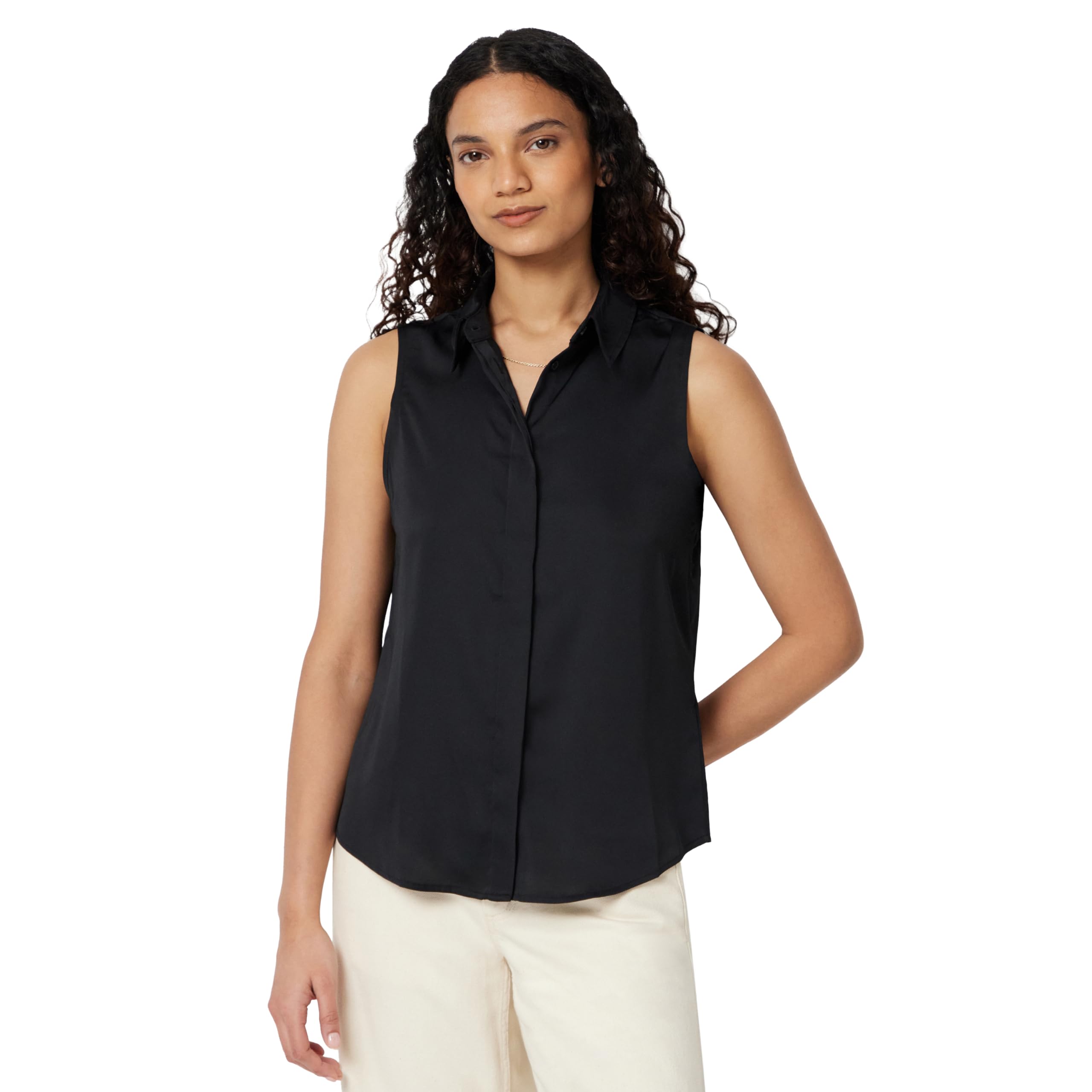 Amazon Essentials Women's Regular-Fit Sleeveless Button-Down Blouse, Black, Large