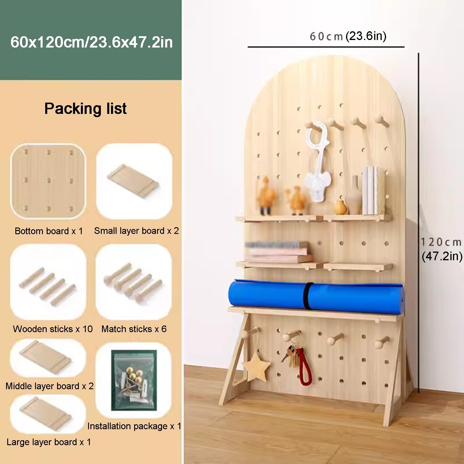 Hölzerner Stecktafel-Ausstellungsständer, kombiniertes bodenstehendes Organizer-Set, Regal für die Ausstellung von Ornamenten mit Lochtafeln, Wandhalter für Steckwerkzeuge, Home-Office (Holz