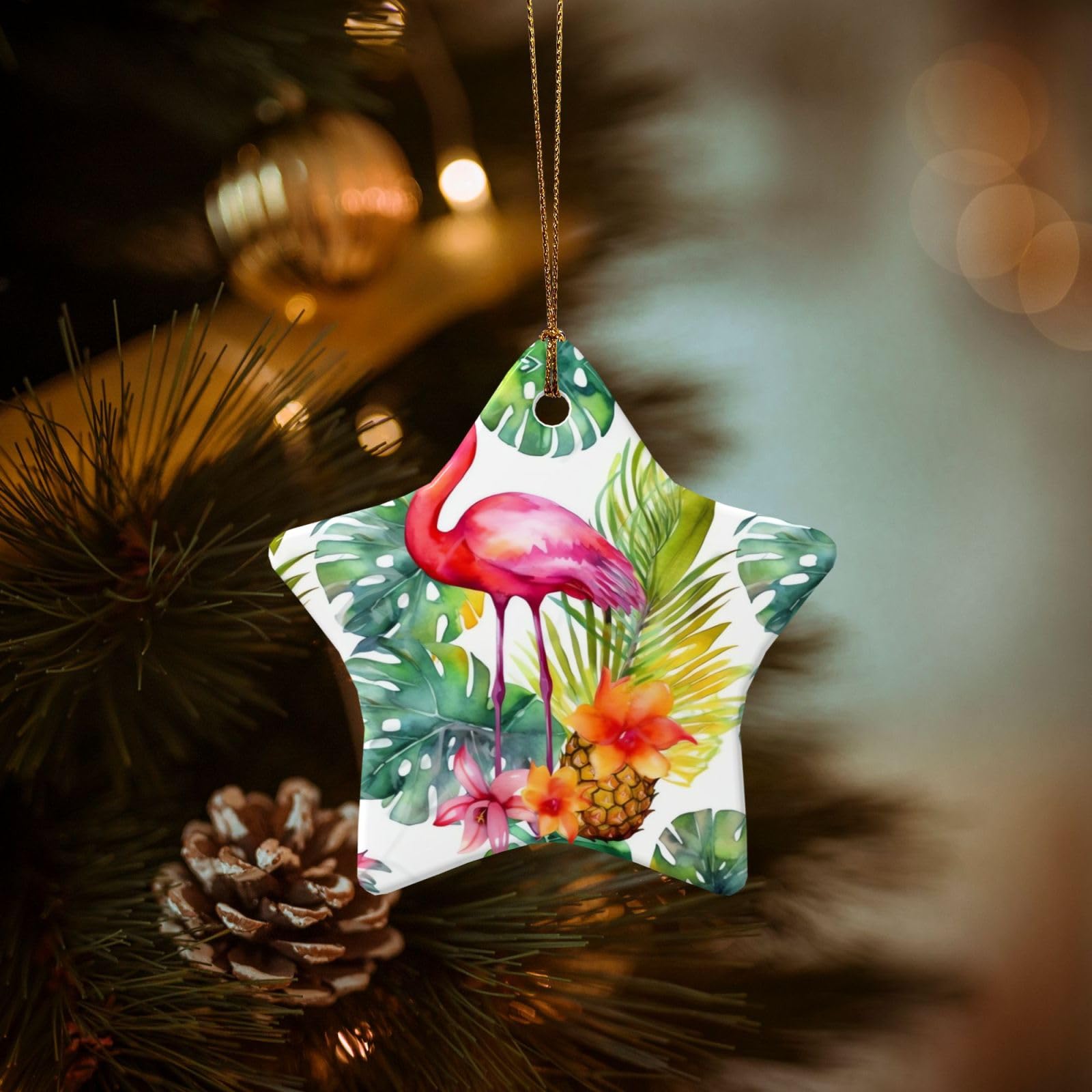 Christmas Ornaments for Christmas Tree Decoration Hanging Pineapple Flamingo Ornament with Gold Ribbon Crafts Star Shape Ceramic Pendant for Keepsake Gifts Xmas Decor Party Supplies