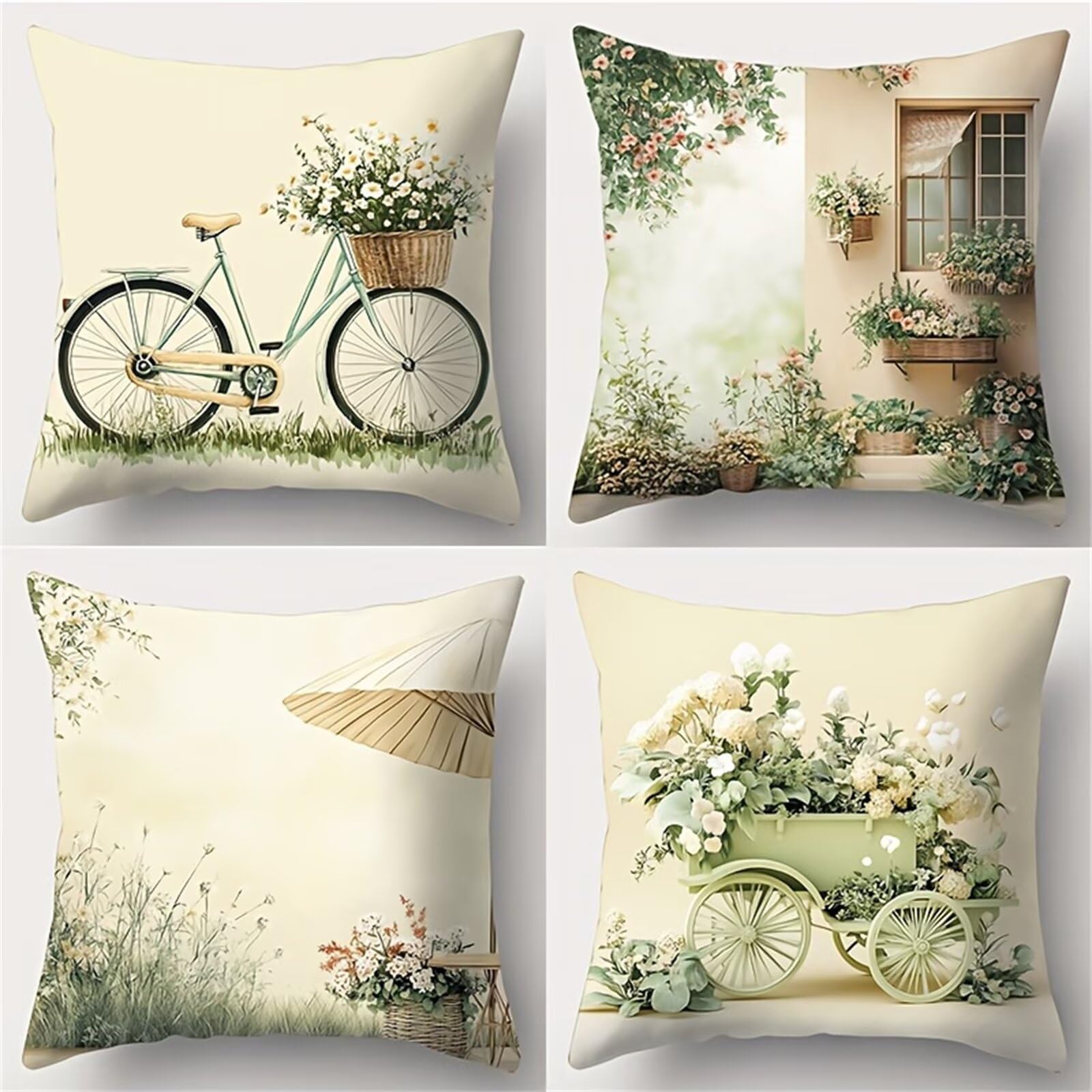 QiHon Cushion Covers 60x60 cm Set of 4 Wildflower Scenery Linen Square Pillow Cases 24x24 inch Modern Decorative Throw Pillow Covers for Sofa Couch Bedroom Home Office with Invisible Zipper