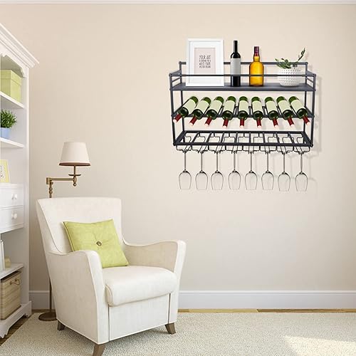 Miniatura 9 de Estante de cristal para botellas de vino montado en la pared de 3 capas, estante de metal rústico para vino, estante de metal para botellas de metal